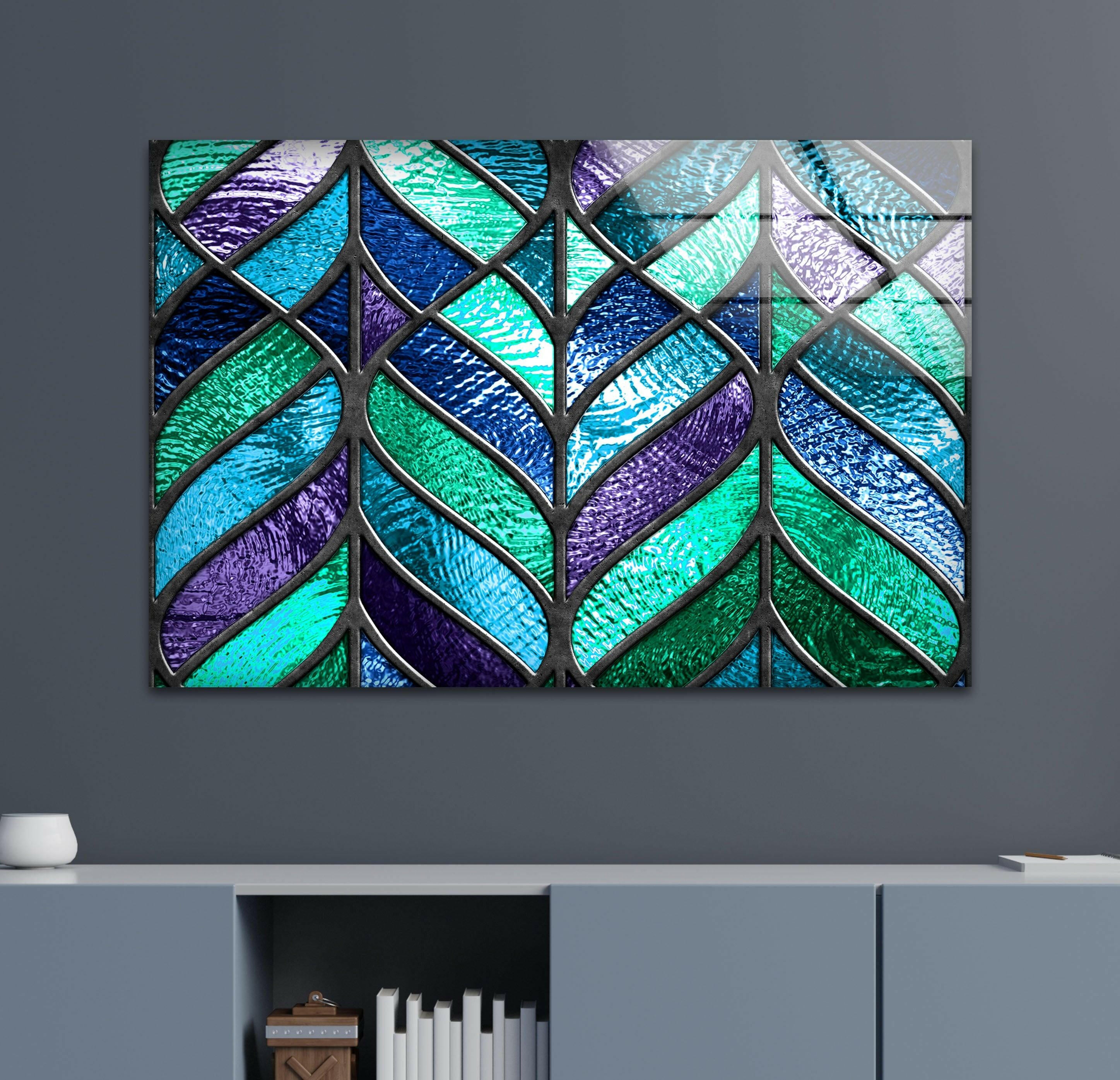 Blue and Green Abstract Glass Wall Art - Modern Handmade Glass Painting for Home & Office Decor - Perfect for Living Room, Bedroom, or Office Wall Decor