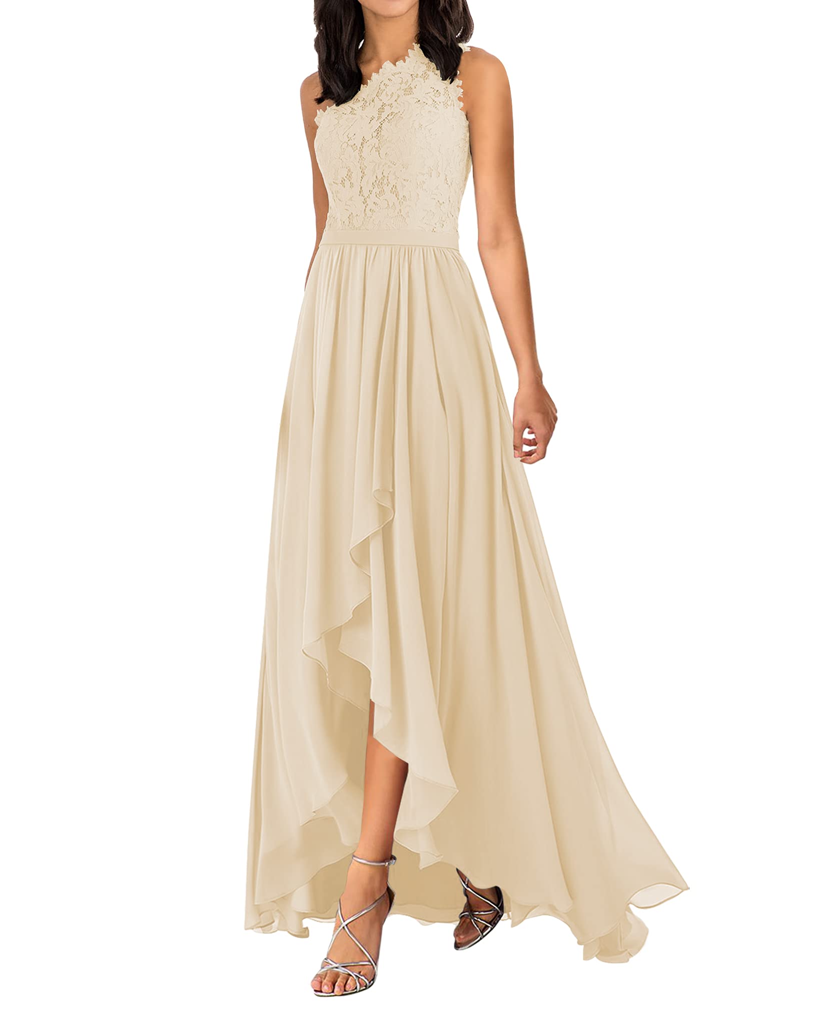 Elegant One Shoulder Chiffon Bridesmaid Dress with Lace Detail - High Low Formal Evening Gown for Prom, Wedding Party & Special Occasions