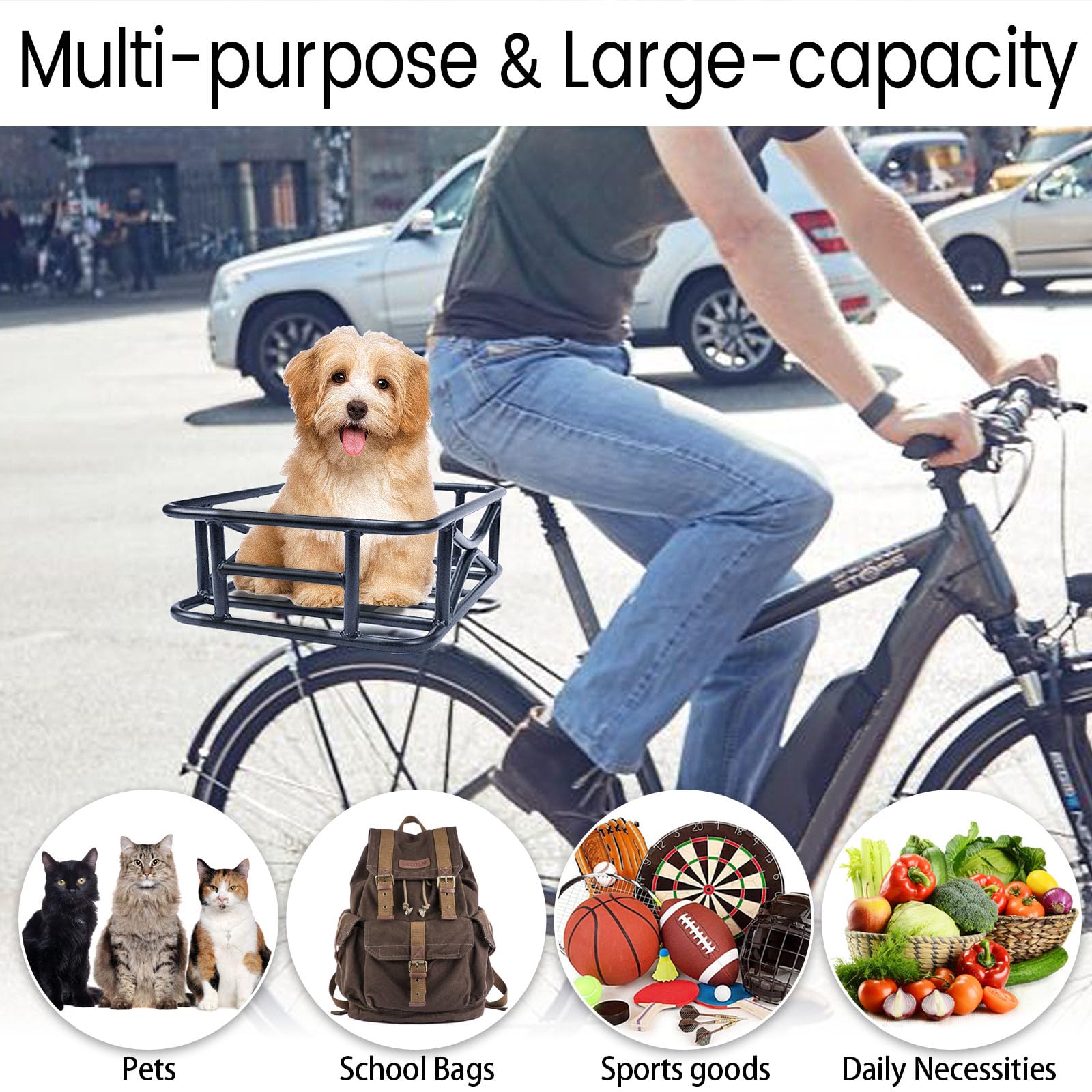Heavy Duty Metal Rear Bike Basket for Electric Bicycle - Large 17.3x13x6 Inch Cargo Carrier for Pets, Groceries & Sports Gear - Perfect for Commuting, Shopping & Outdoor Adventures