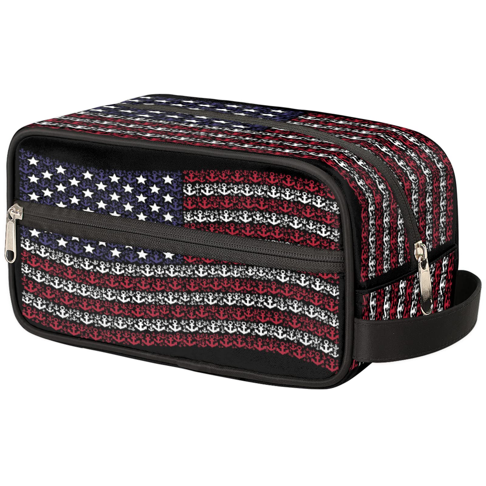 Waterproof Travel Toiletry Bag for Women & Men - Large Capacity Cosmetic Organizer with Anchor & American Flag Design - Lightweight Dopp Kit for Makeup, Shaving Accessories & Toiletries - Perfect for Vacation, Camping & Business Trips
