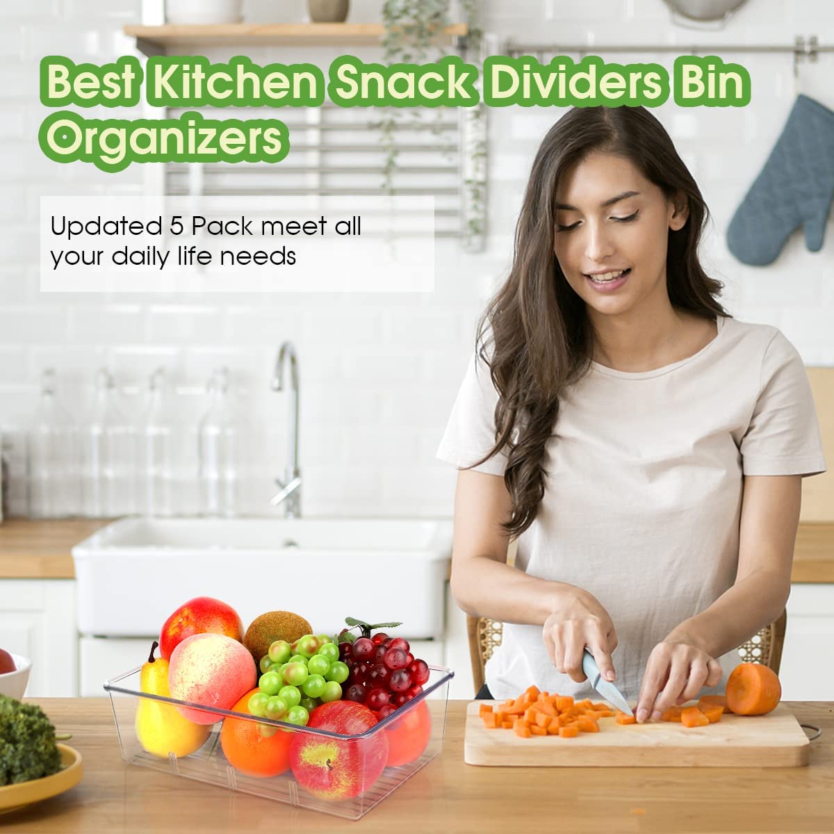 2-Pack Clear Pantry Organizers with Dividers - Kitchen Storage Bins for Snacks, Spices & Cabinets
