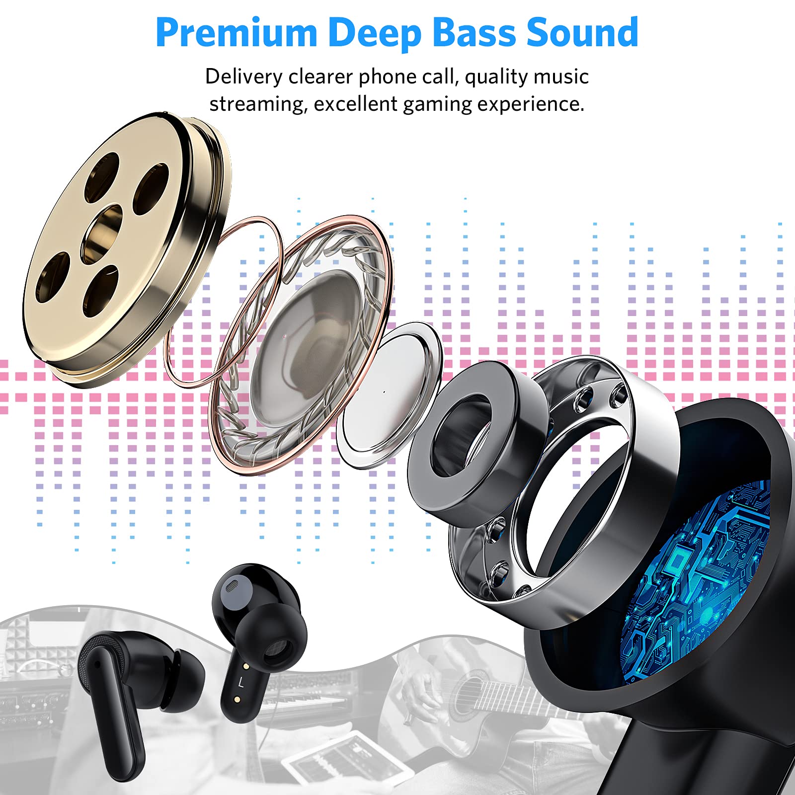 Premium Wireless Bluetooth Earbuds with Hi-Fi Bass & Noise Cancellation - Compatible with iPhone 16 Pro Max/15/14/13, Samsung Galaxy S25/S24/S23/A16, iPad 10/11 & Google Pixel 9/8/7/6 - Perfect for Gym, Commuting & Work Calls