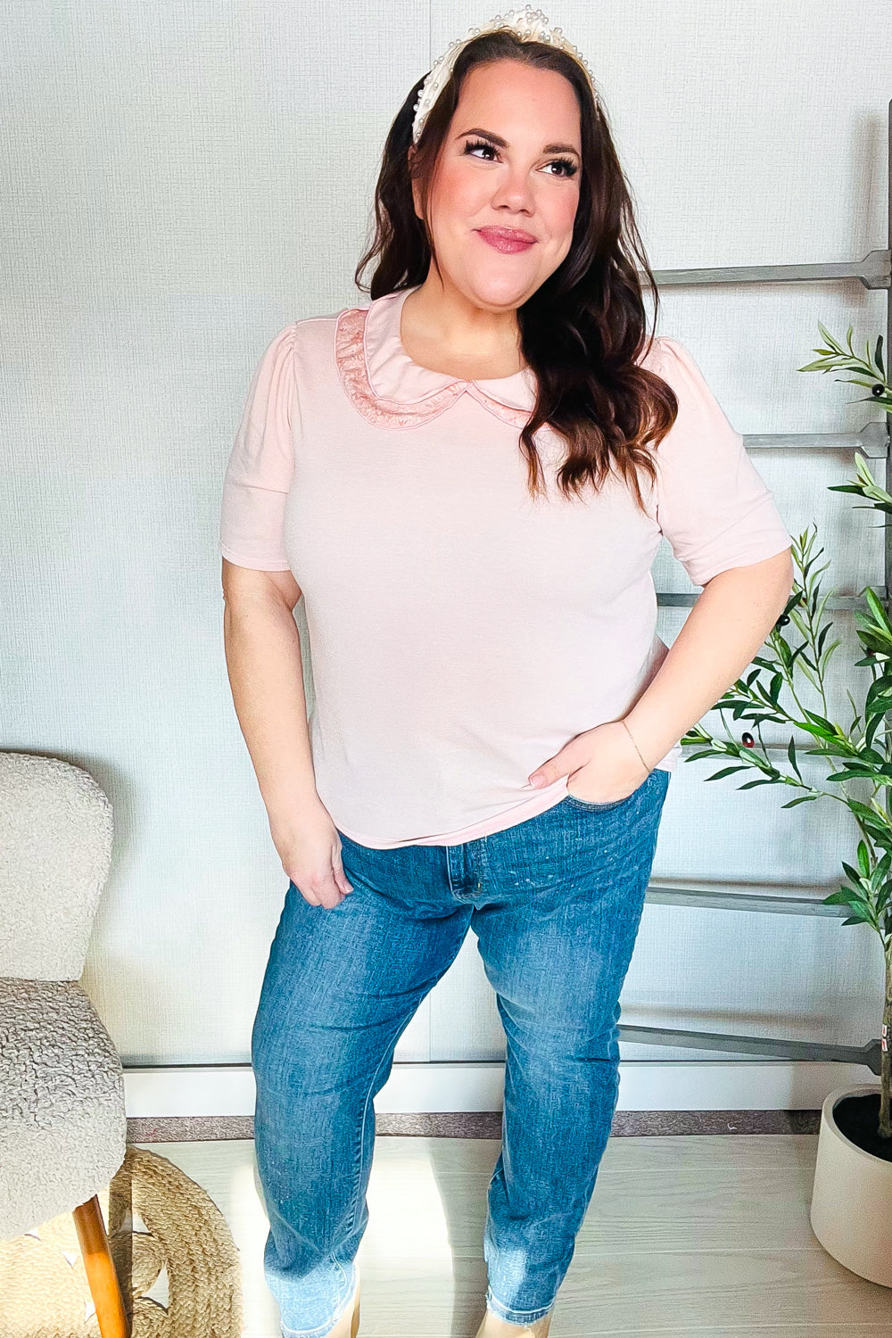 New Day Blush Flat Collar Floral French Terry Blouse - Women's Elegant Casual Top for Work & Weekend Outings