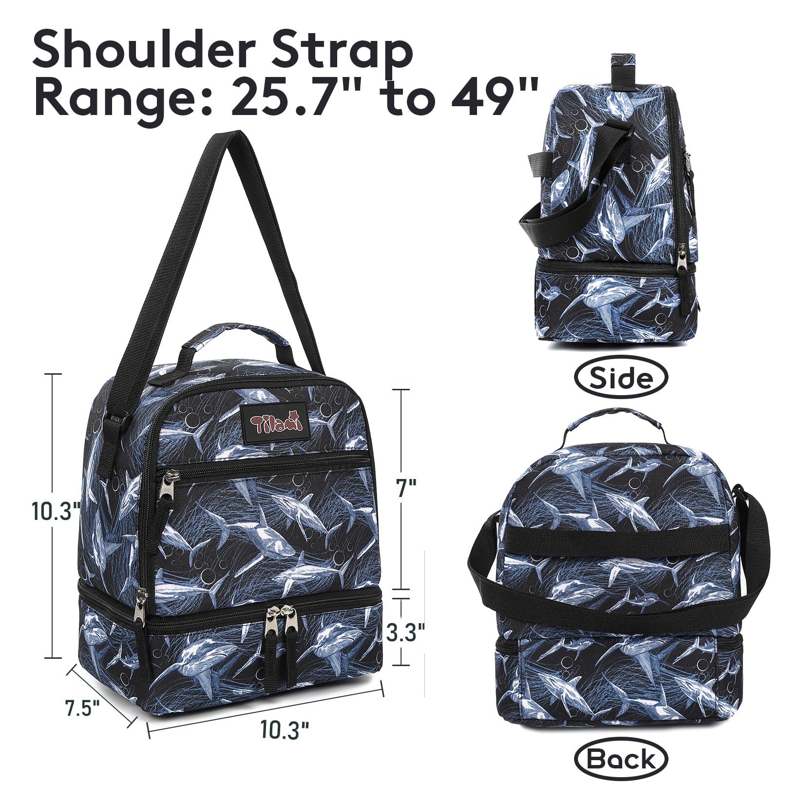 Tilami Insulated Lunch Bag with Adjustable Strap & Zipper - Water-Resistant Cooler Lunch Box for Kids & Toddlers (Shark Design) - Perfect for School, Picnics & Outdoor Activities
