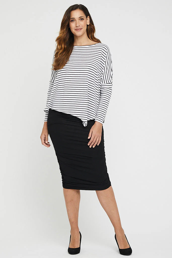 Bamboo Ruched Midi Skirt for Women - Stretchy High Waist Flowy Skirt in Black | Perfect for Casual Outfits, Office Wear & Summer Dresses