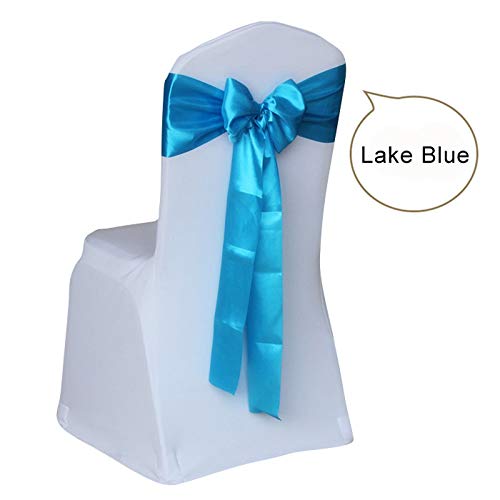 Roossys 100Pcs 17x275cm Lake Blue Ribbon Chair Covers - Wedding Chair Sashes, Party Decorations, Bow Sashes for Banquet, Reception & Bridal Shower Decor