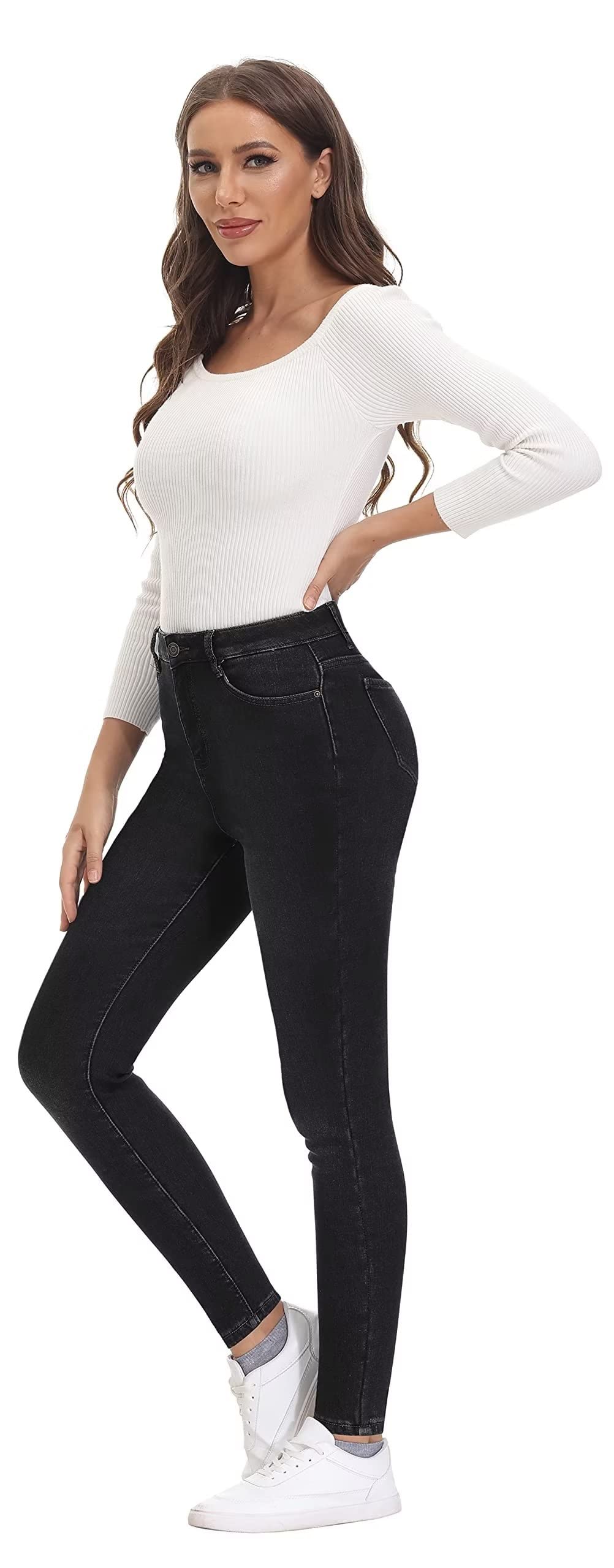 Women's Fleece Lined Winter Jeans - Warm Brown Stretch Denim Pants for Cold Weather, Outdoor Activities & Casual Wear