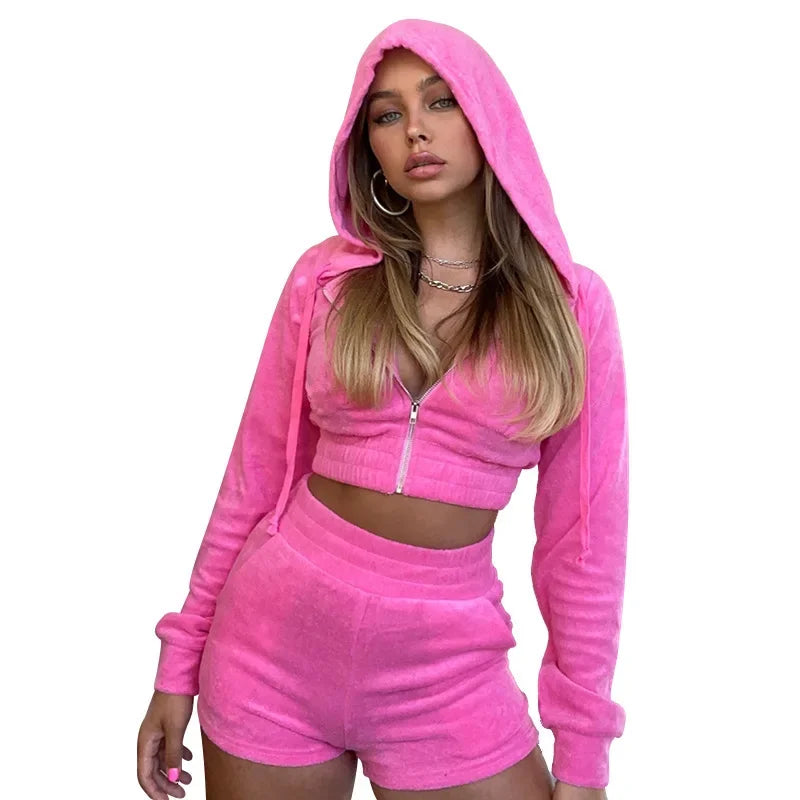 Velvet Tracksuit for Women - Sporty 2 Piece Set with Hooded Zip Jersey & Shorts | 2024 Fashion Streetwear | Gym, Lounge & Casual Outfit