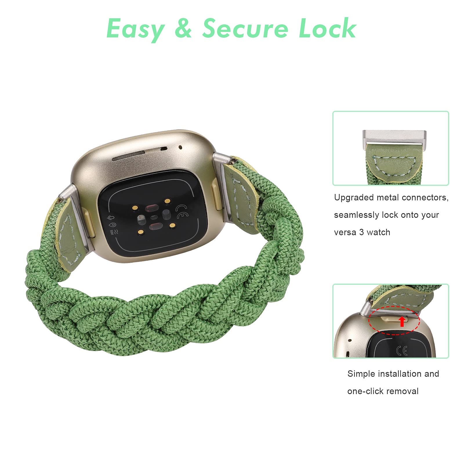 Wearlizer Elastic Braided Solo Loop Strap - Compatible with Fitbit Sense/Sense 2/Versa 3/Versa 4 - Slim Stretchy Woven Wristband for Women (Green, Medium) - Perfect for Workouts, Running & Daily Wear