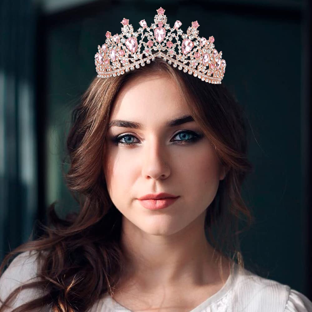 TOBATOBA Pink Crystal Wedding Tiara for Women - Elegant Princess Crown Headband, Royal Queen Metal Tiara for Quinceañera, Birthday, Prom, Halloween Costume Party | Perfect for Brides, Pageants & Special Occasions