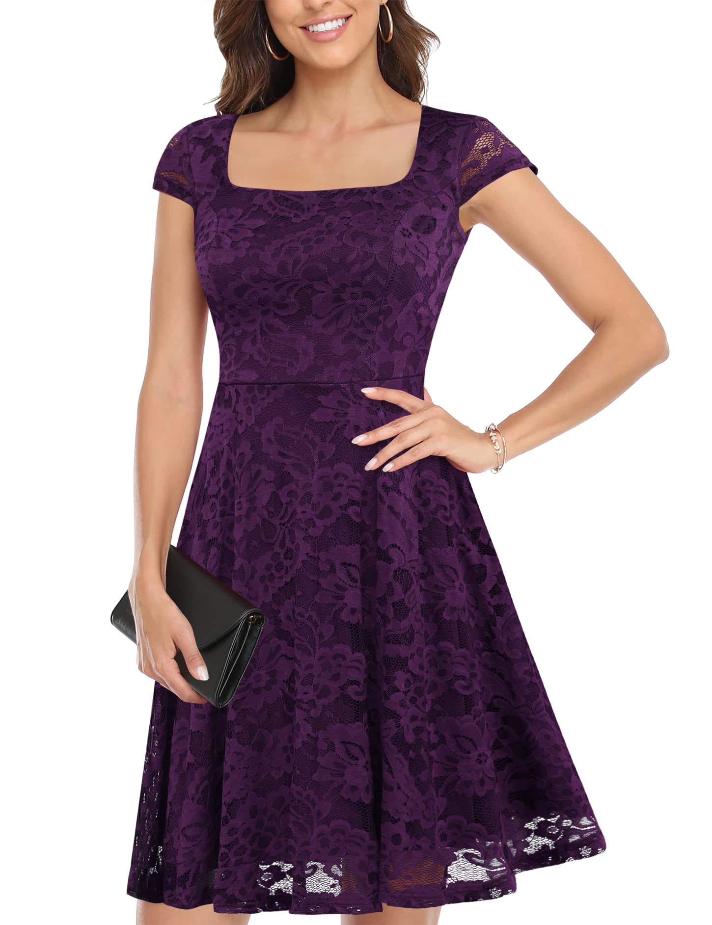 MUADRESS Women's Elegant Lace Floral Cocktail Dress - Cap Sleeve, Crew Neck, Knee Length Bridesmaid Dress for Wedding Parties, Evening Events & Special Occasions