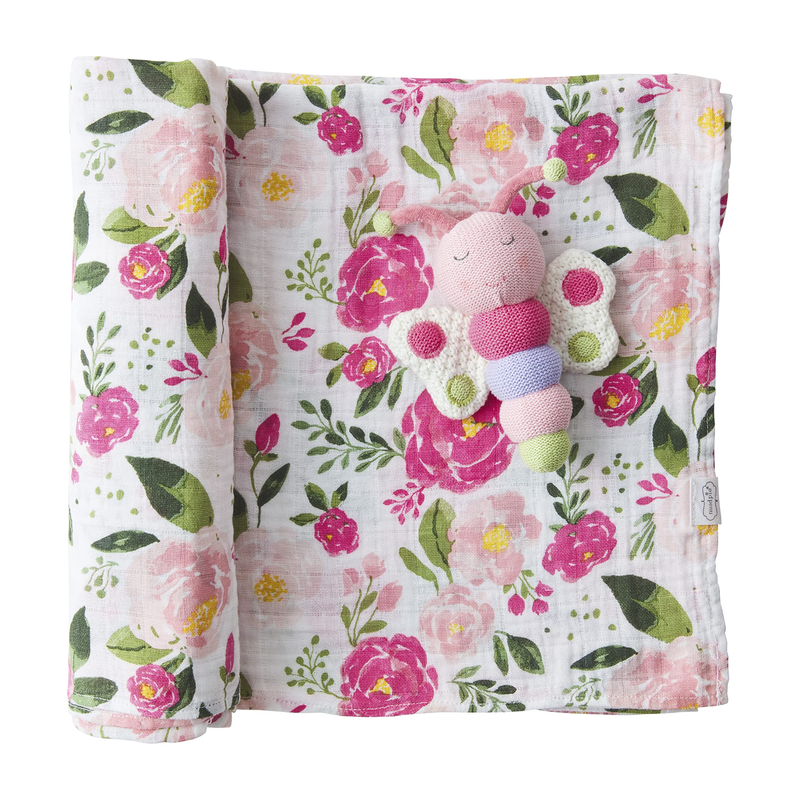 Mud Pie Floral Swaddle and Rattle Set for Baby Girls | Soft Cotton Swaddling Blanket with Attached Rattle | Perfect for Newborn Gifts, Nursery Essentials & Photo Shoots