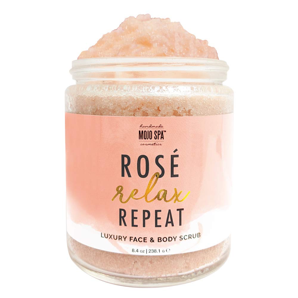 Mojo Spa Rosé Relax Repeat Extra Large Gift Set - 4 Handmade Natural Bath & Body Products for Women | Face & Body Scrub, Soap Cream, Bath Salts, Massage Candle | Perfect for Self-Care, Spa Day, Birthday & Anniversary Gifts
