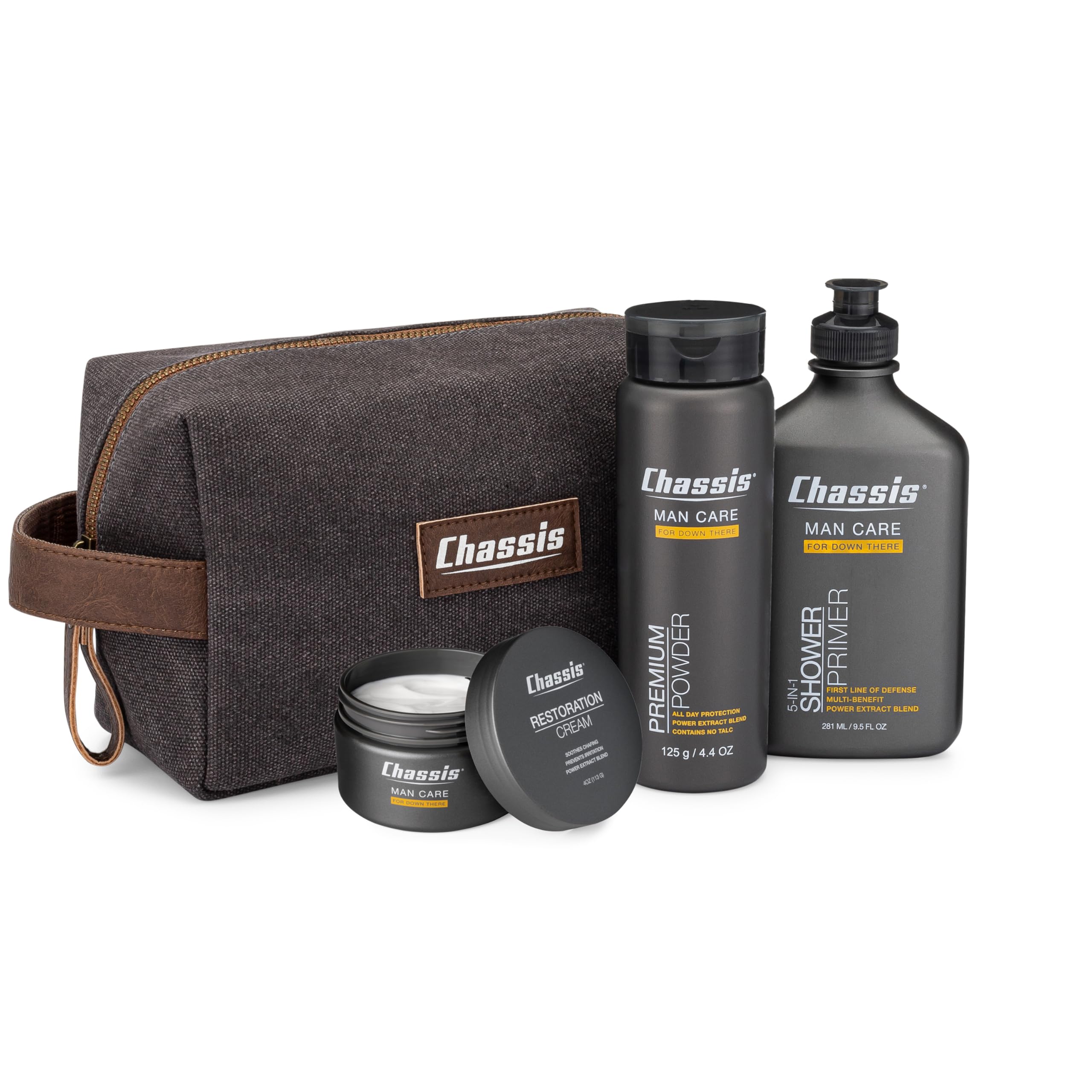 Premium Chassis Gift Set with Flushable Foam, Body Powder & Shower Primer - Gentle Body Wash & Flushable Wipe Alternative for Sensitive Skin - Perfect for Post-Workout, Travel & Daily Hygiene Care