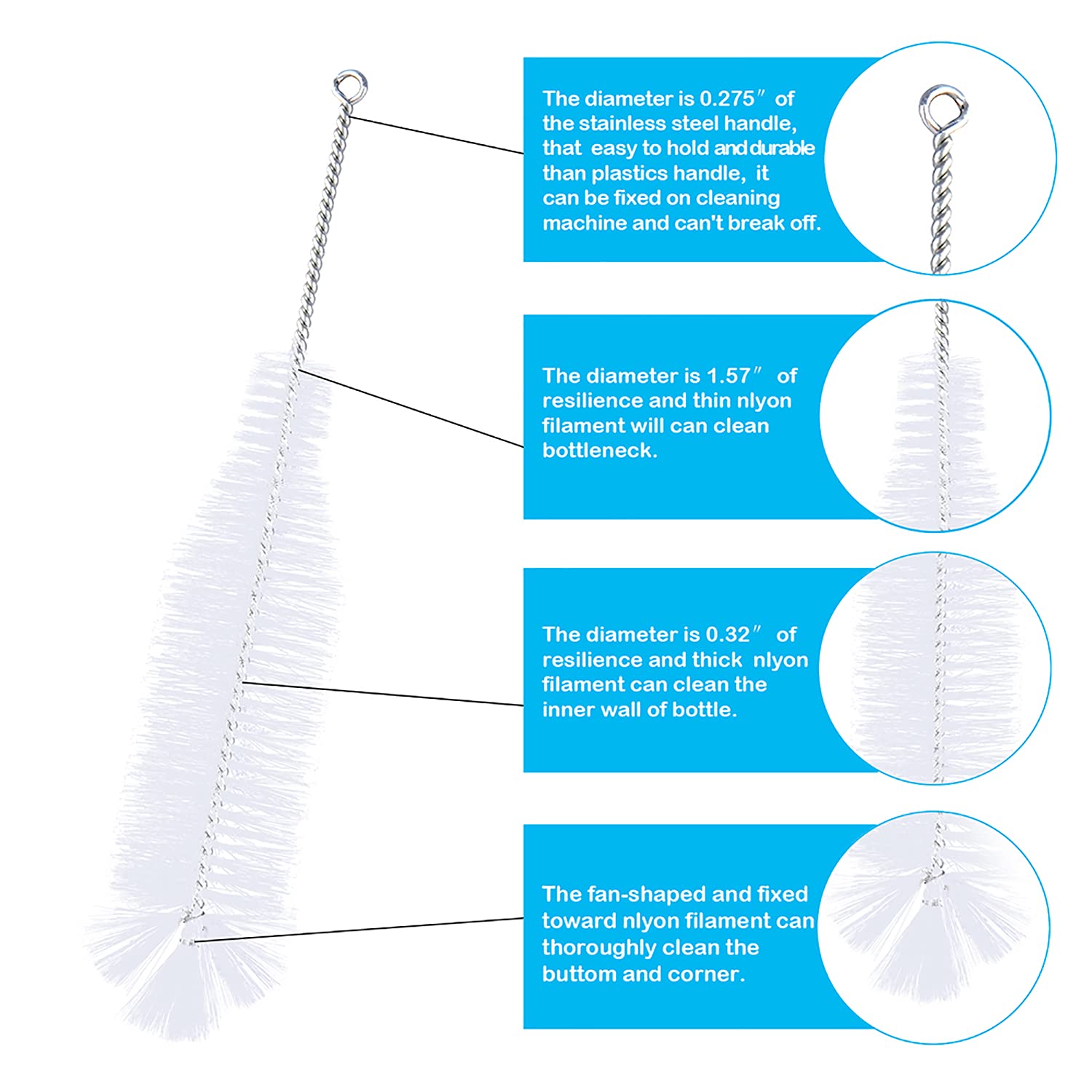 Premium Bottle Brush for Cleaning Wine Bottles, Beer Bottles, Soda Bottles & Narrow Neck Containers - Extra Long Durable Bristles (White, 1PC) - Perfect for Home Bars, Breweries & Kitchen Cleaning