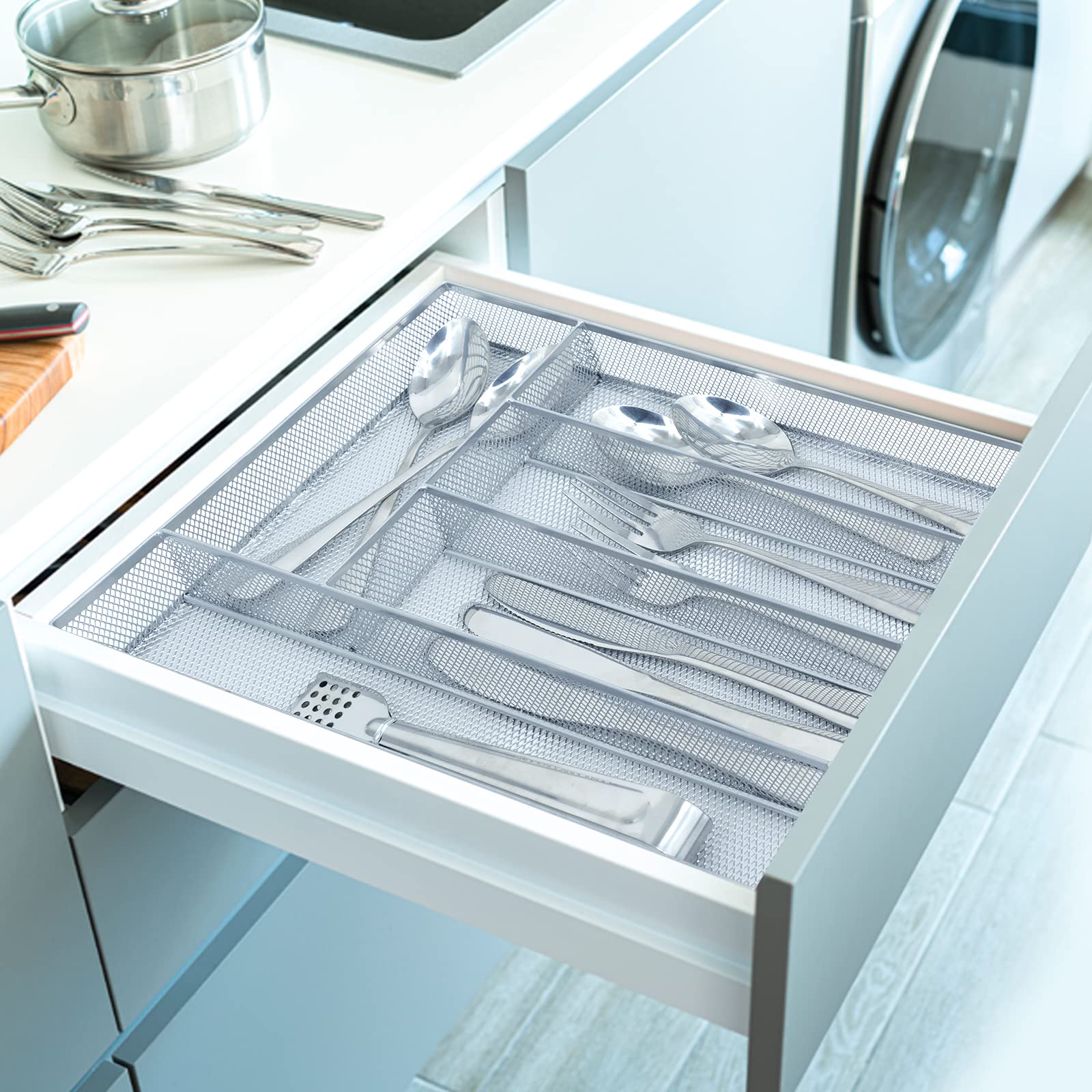 Silverware Drawer Organizer - 5 Compartment Cutlery Tray with Non-Slip Foam Feet, Mesh Wire Flatware Storage Divider for Kitchen, Bedroom & Living Room (Silver) | Perfect for Organizing Utensils, Spoons, Forks and Knives in Any Home Space