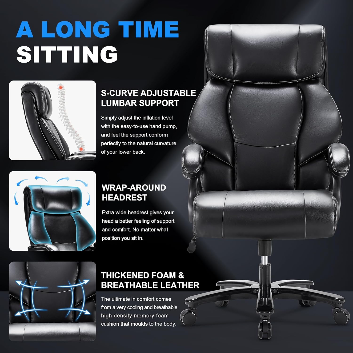 Heavy Duty Big and Tall Office Chair 500LBS Weight Capacity - Ergonomic Executive Chair for Back Pain Relief - Breathable Leather Seat for Long Hours Sitting - Dark Black - Perfect for Home Office, Gaming, and Workspace Comfort