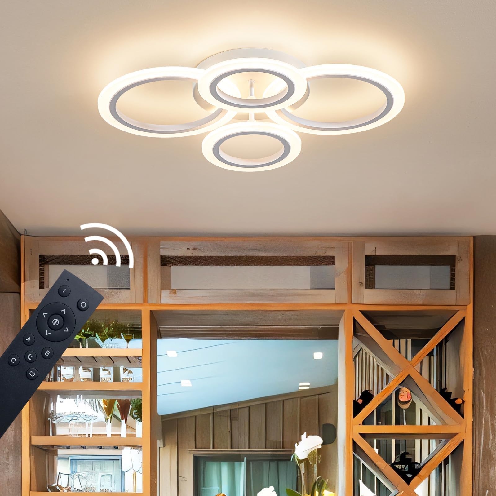 34W LED Ceiling Light with Remote Control, 3000-6000K Adjustable Color Temperature, Dimmable Modern Flush Mount Lighting Fixture - White 4-Ring Round Chandelier for Bedroom, Living Room, Kitchen, Small Spaces | Energy Efficient Home & Office Lighting Solution
