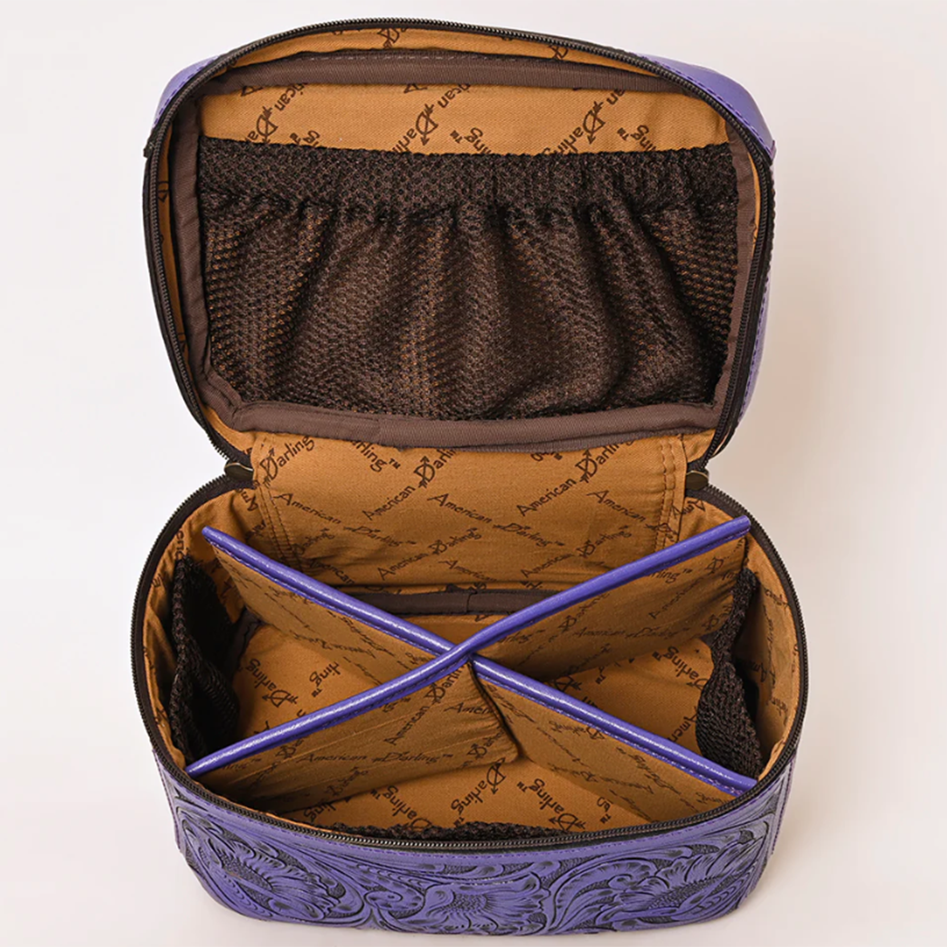American Darling Purple Tooled Leather Makeup Tote Bag - Stylish & Durable Cosmetic Organizer for Travel, Work & Everyday Use