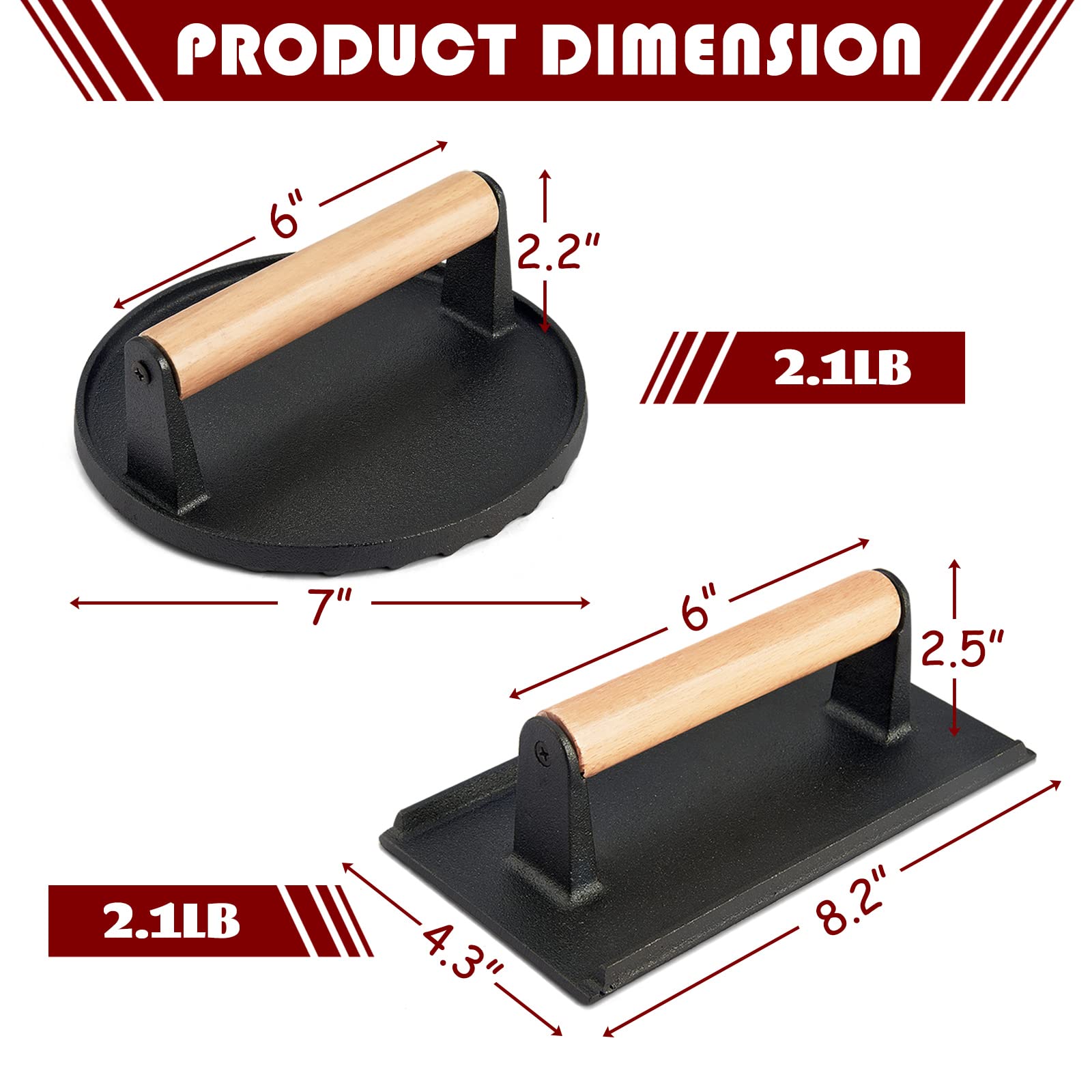 HaSteel 2-Piece Cast Iron Bacon Press Set - Heavy Duty 7