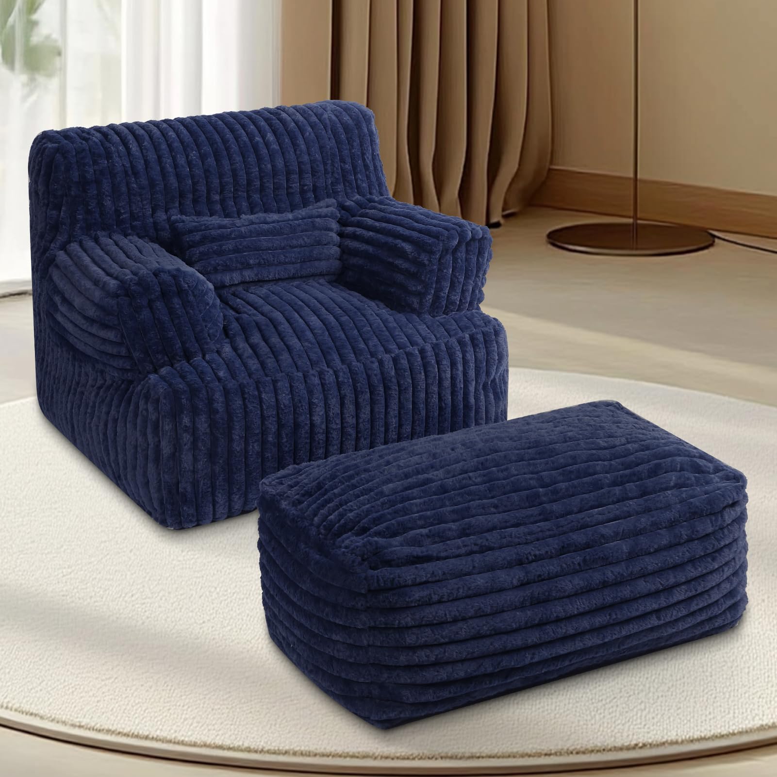 Extra Large Bean Bag Chair for Adults - Oversized Bean Bag Sofa with Ottoman, Ultra Comfortable Reading Chair for Dorm, Living Room & Bedroom (Navy Blue) - Perfect for Relaxing, Gaming & Movie Nights