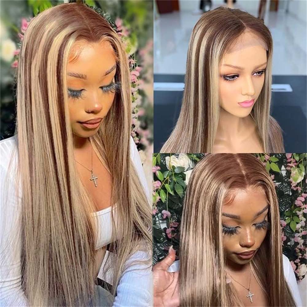 Ombre Blonde & Brown Highlight 20 Inch Human Hair Lace Front Wig - 5x5 Straight Lace Closure Wig for Black Women - Perfect for Daily Wear, Cosplay, and Special Occasions