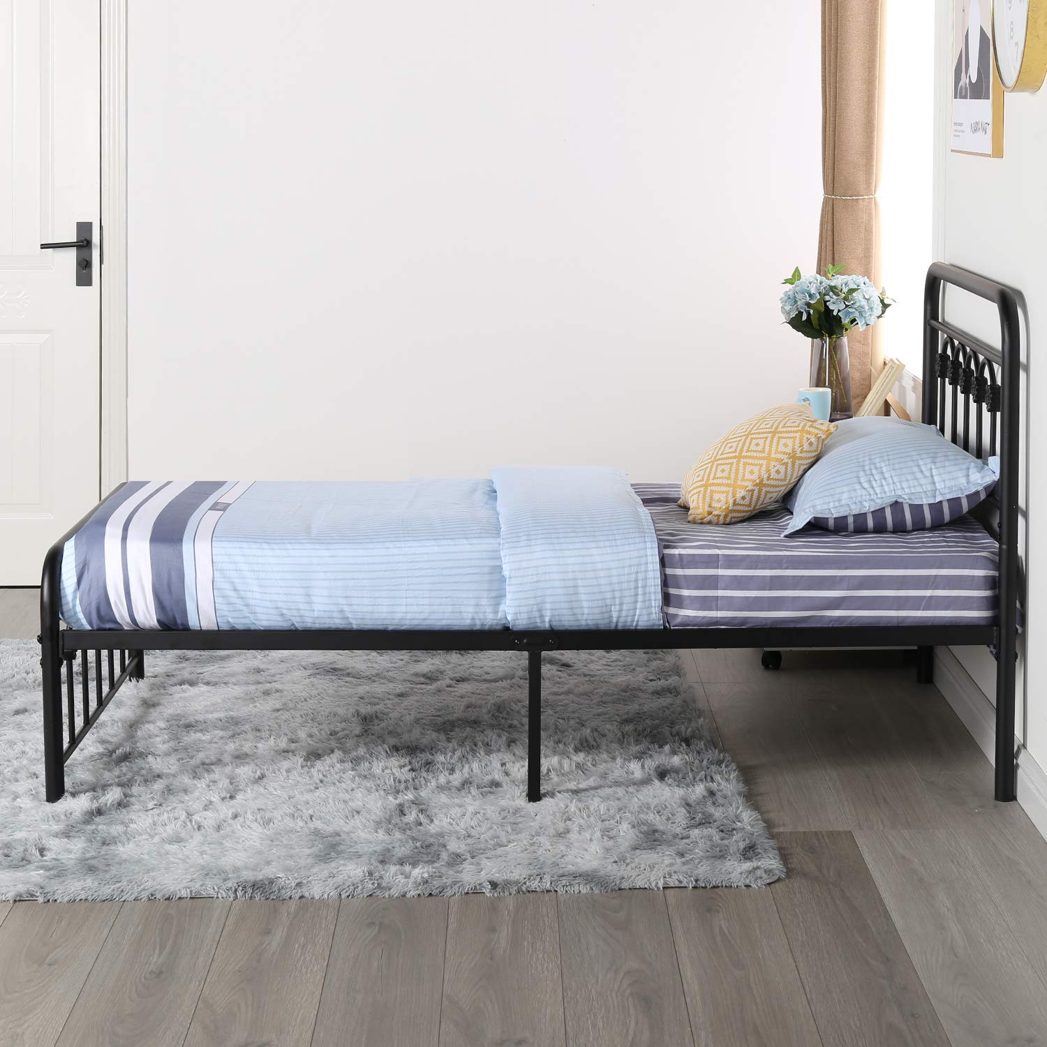 VECELO Twin Size Victorian Style Metal Bed Frame with Headboard - Classic Dark Black Platform Bed with Footboard & Under Bed Storage - No Box Spring Needed - Perfect for Guest Rooms, Kids Rooms & Small Spaces