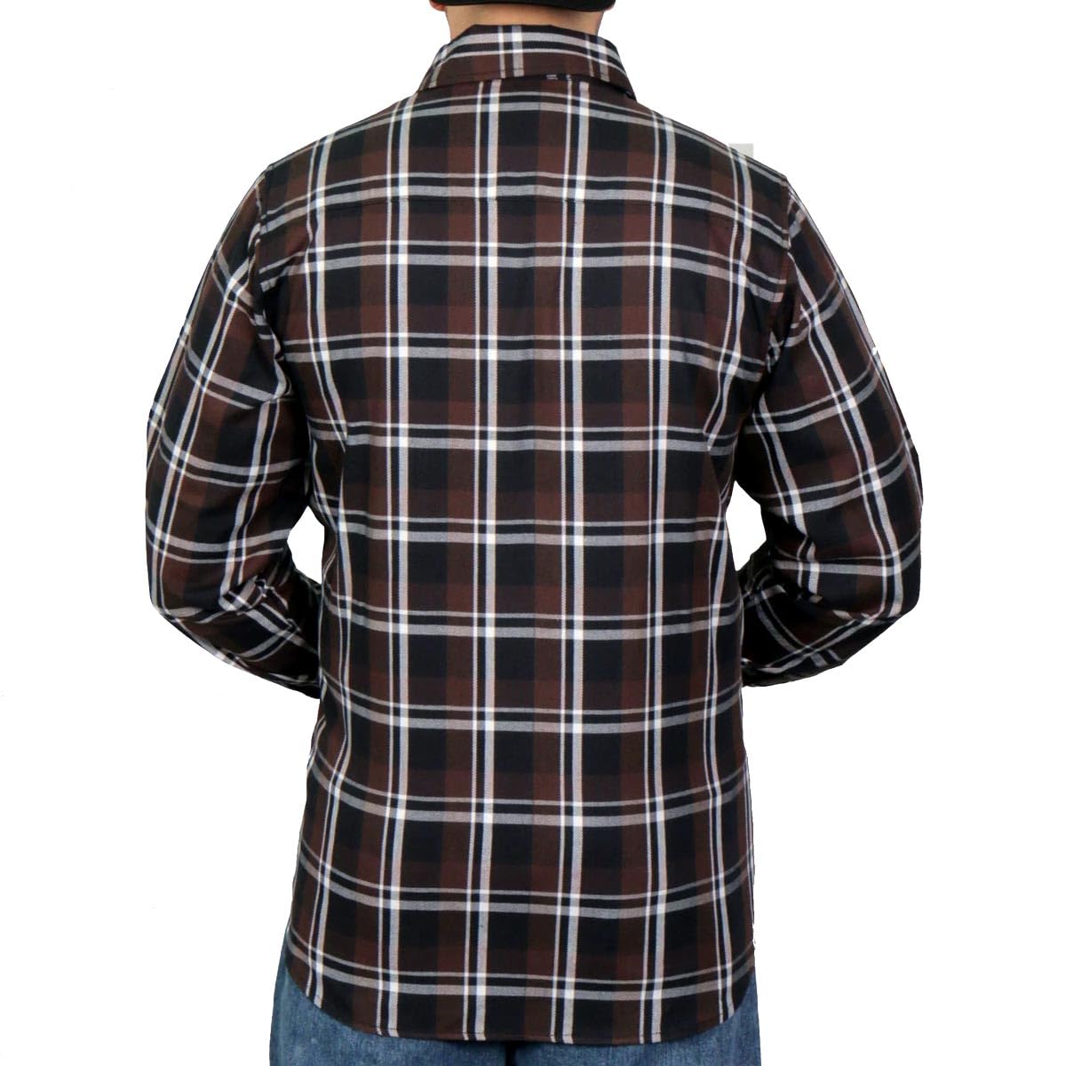 FLM2008 Men's Long Sleeve Flannel Shirt - Brown, Black & White Plaid - Soft Cotton Blend - Casual & Outdoor Wear - Perfect for Fall, Winter & Camping