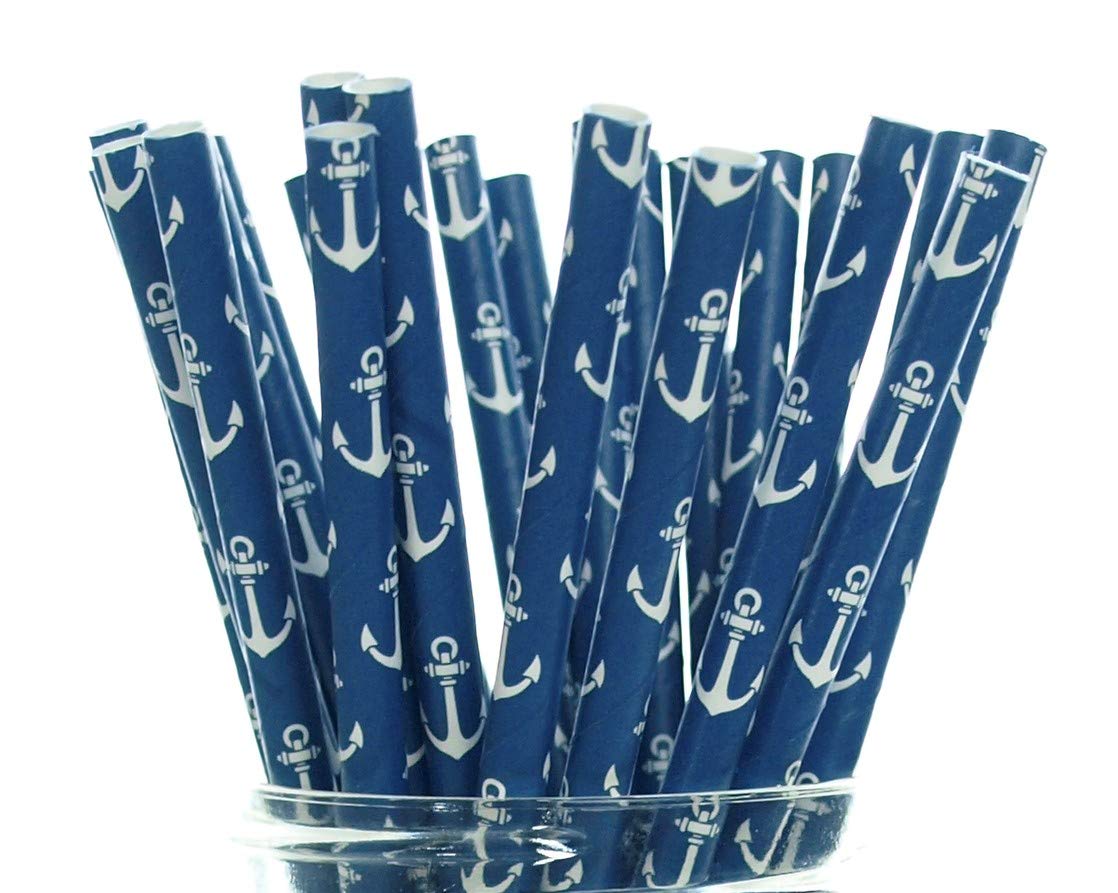Anchor Party Straws 50 Pack - Nautical Themed Paper Drinking Straws for Sailor Birthday Party, Pirate Theme Decorations & Beach Wedding Supplies - Perfect for Summer BBQs, Pool Parties & Ocean-Themed Events