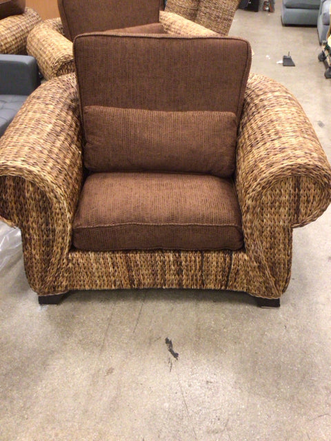 Custom Rattan & Fabric Arm Chair - Handwoven Wicker Accent Chair with Cushion - Boho Chic Living Room, Bedroom, or Patio Furniture for Home Decor