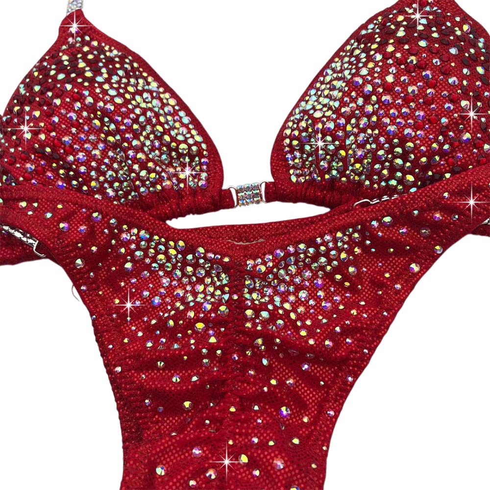 Red Crystal Rhinestone Bikini Set - Competition Swimsuit for NPC & Fitness Shows - Perfect for Bodybuilding, Bikini Contests & Beach Fashion