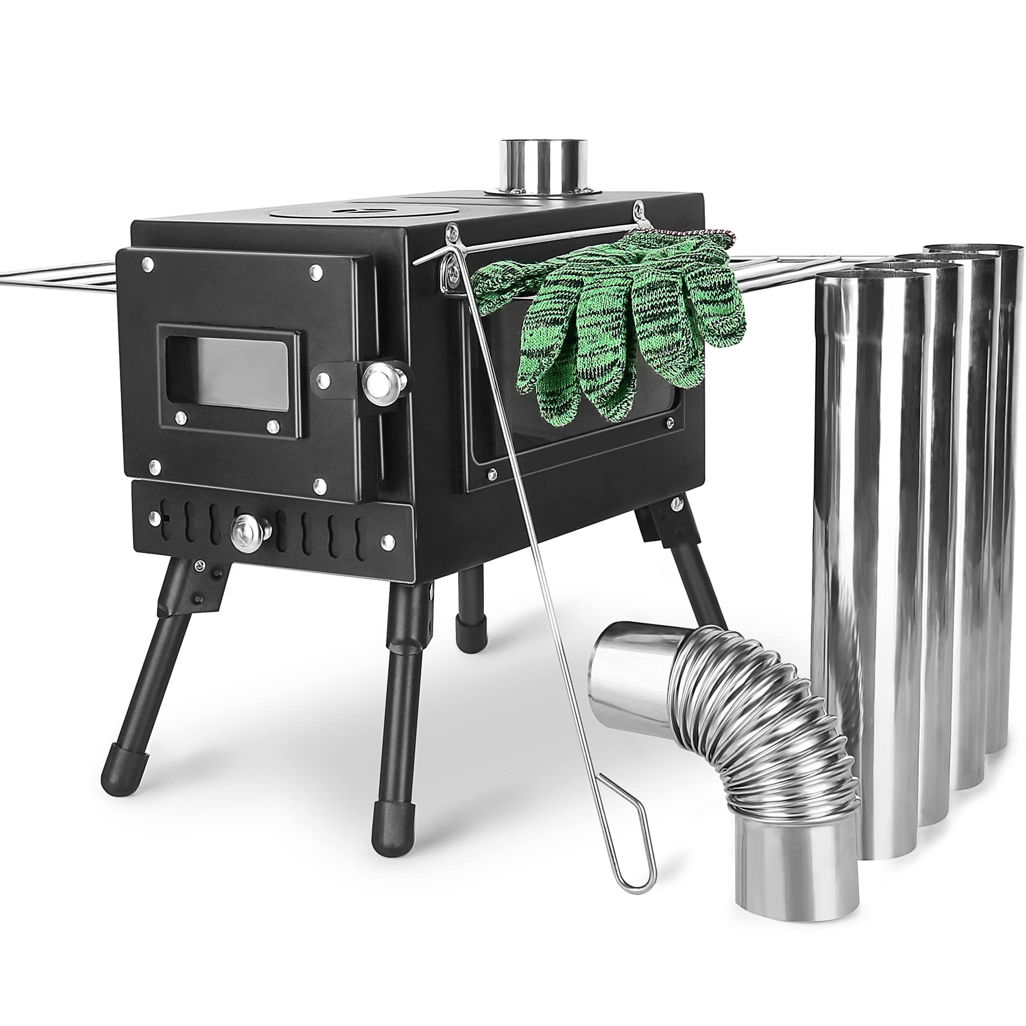 DoinMaster Portable Wood Burning Camping Stove with Chimney Pipe - Lightweight Tent Heater & Outdoor Cook Stove for Camping, Hiking, Survival - Perfect for Winter Camping, Backpacking & Emergency Preparedness (Black)