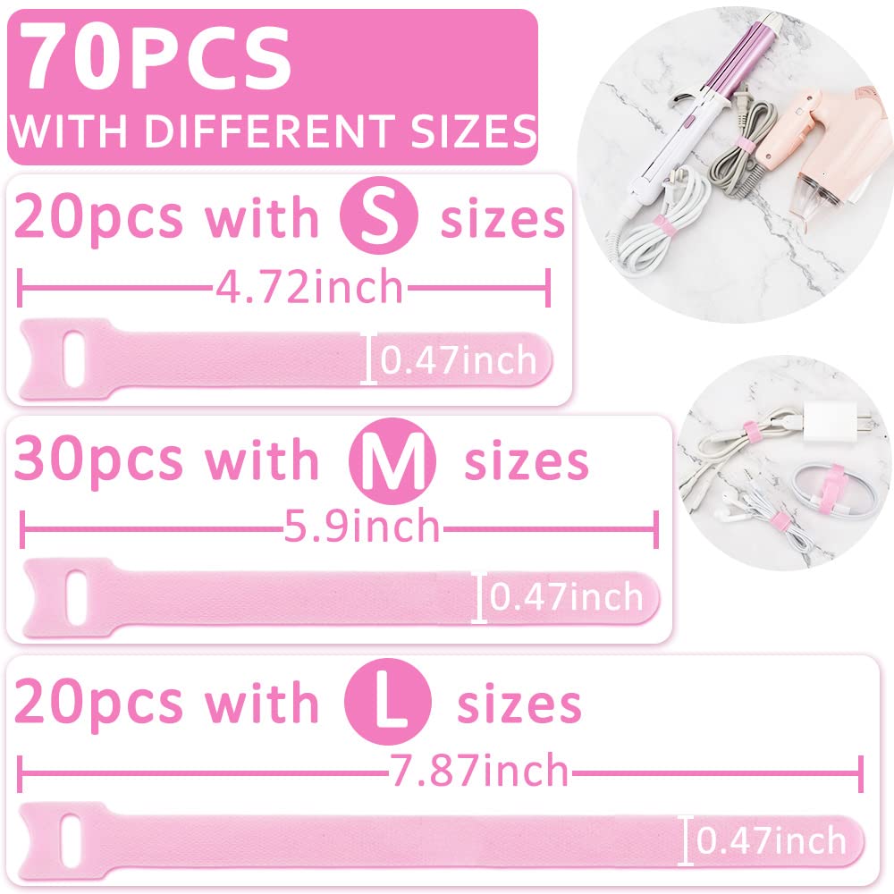 Reusable 70pcs Pink Cable Ties - 4/6/8 Inch Hook & Loop Wire Ties for Computer, Electronics Cord Management (Perfect for Home Office, Data Centers & DIY Organizing)
