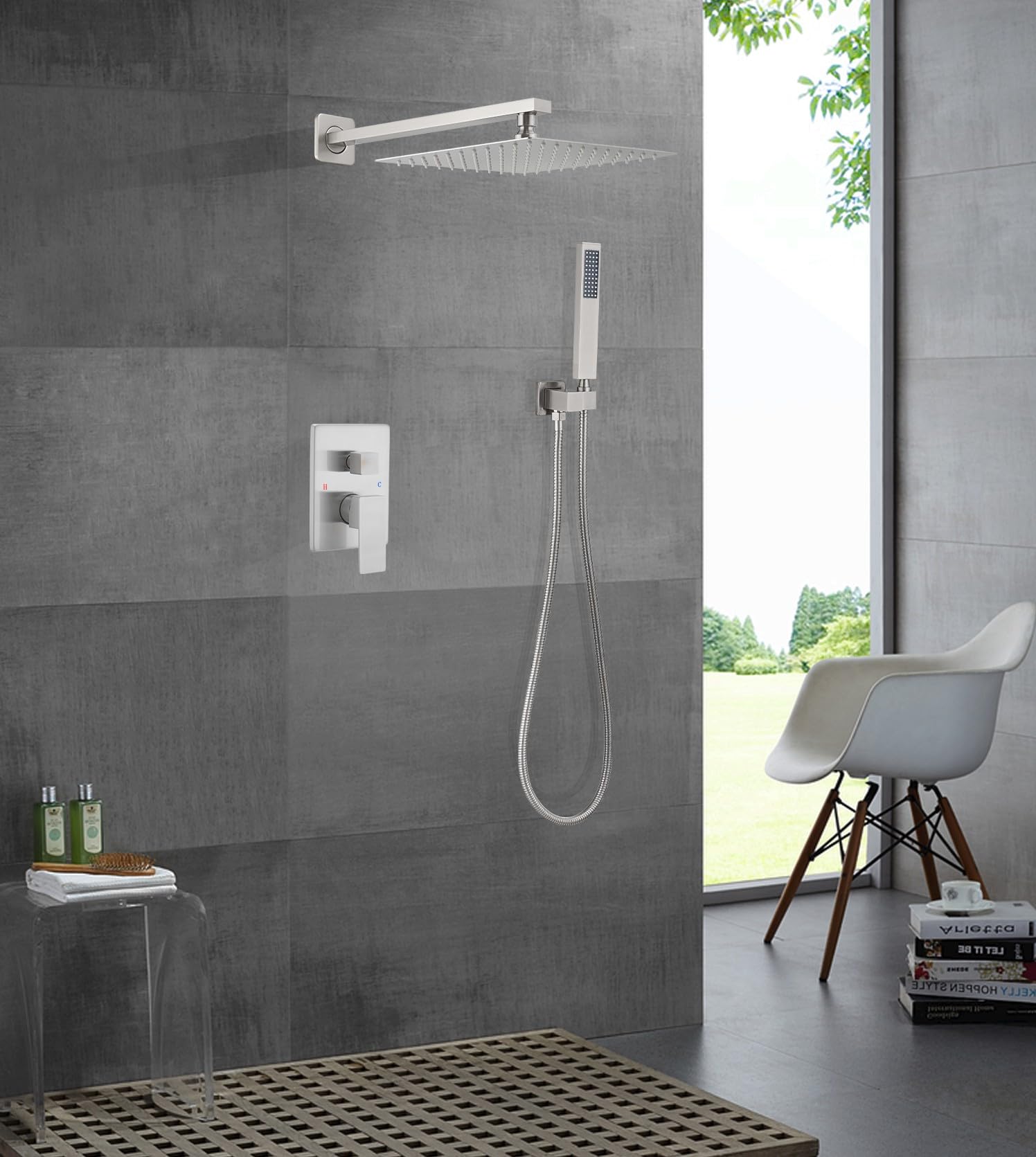 Luxury Brushed Nickel Shower System - 10 Inch Wall Mounted Rainfall Shower Head & Handheld Combo Set with Rough-in Valve (Body & Trim Included) | Perfect for Modern Bathrooms & Spa-Like Experience