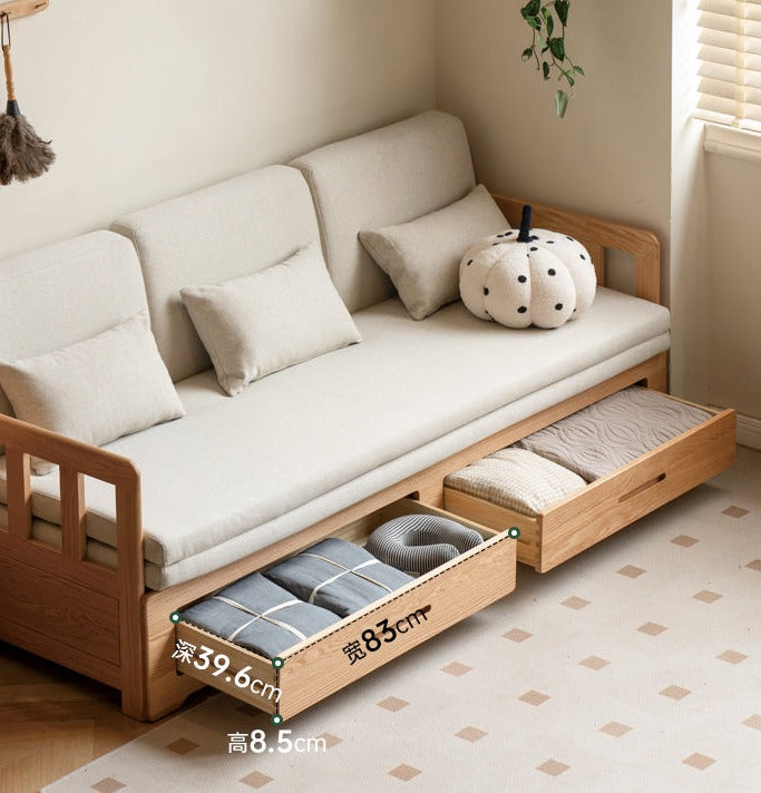 Solid Oak Wood Sofa Bed with Folding & Retractable Storage | Convertible Sleeper for Small Spaces, Guest Rooms & Apartments