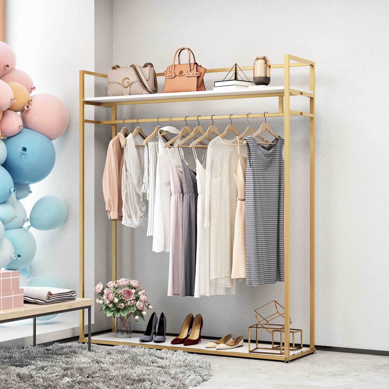 Heavy Duty Clothing Rack with Shelves - 59 Inch Gold Metal Freestanding Garment Rack for Hanging Clothes, Retail Display & Boutique Organization - Perfect for Stores, Closets & Home Use