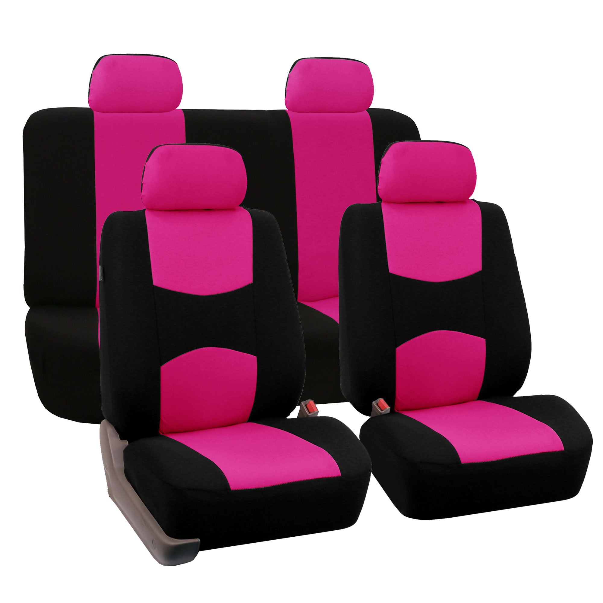 FH Group Pink Full Set Flat Cloth Car Seat Covers - Universal Fit for Cars, Trucks & SUVs (Front & Rear Bench) | Durable Interior Accessories Combo with E-Z Travel Tissue Dispenser | Perfect for Road Trips & Daily Commutes