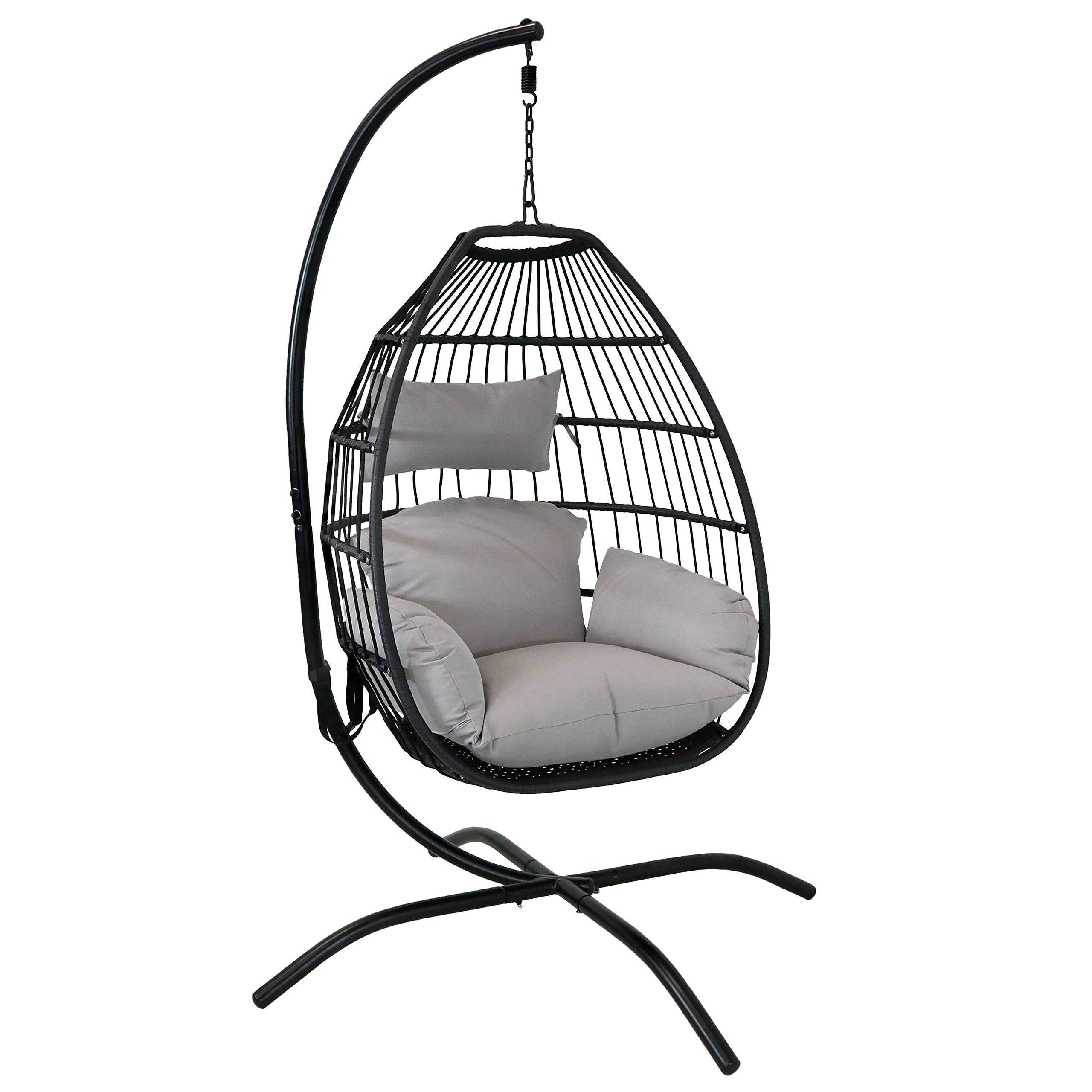 Sunnydaze Delaney Black Resin Wicker Hanging Egg Chair with Powder-Coated Steel Stand & Gray Polyester Cushions - 81