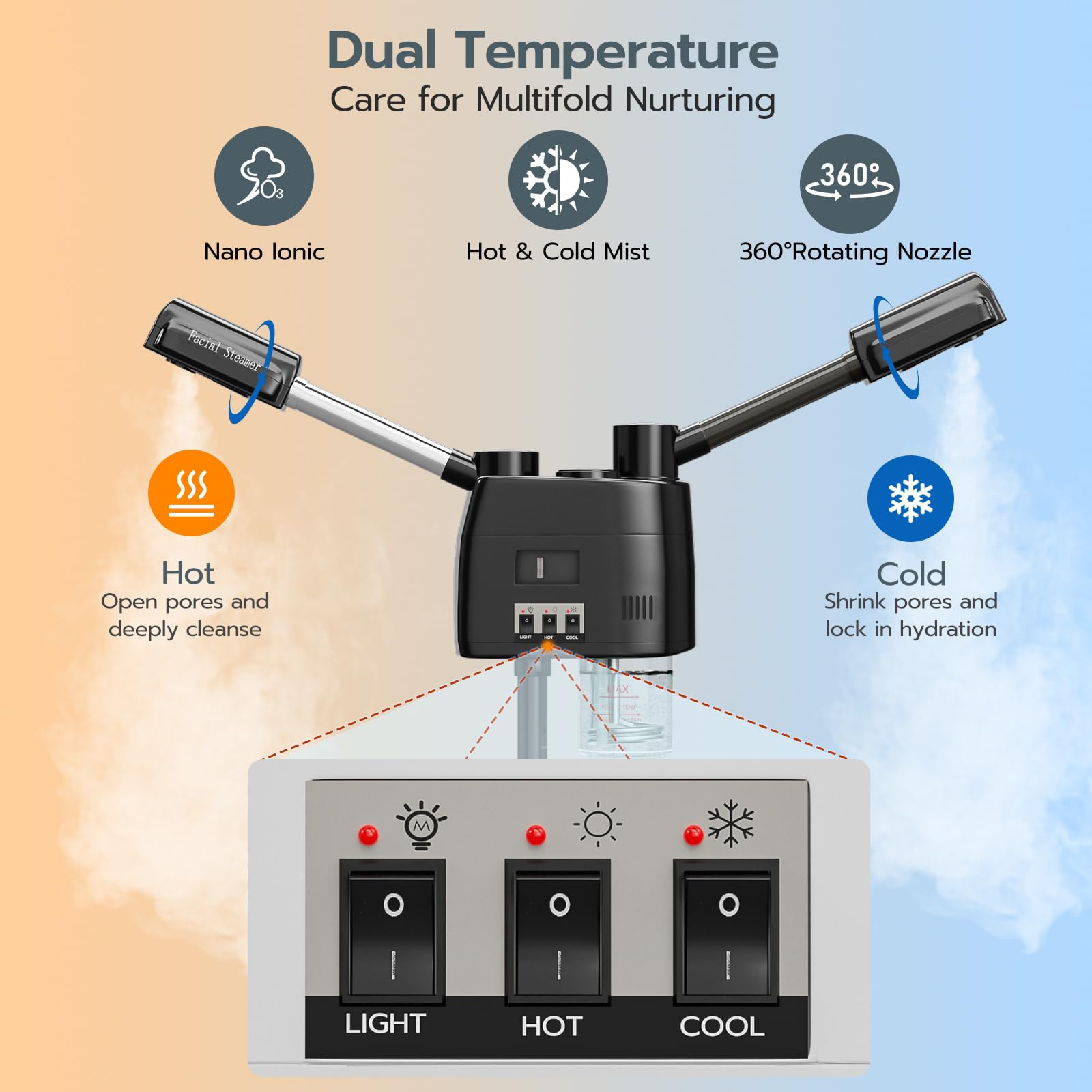 Professional 3-in-1 Facial Steamer with Wheels for Estheticians - Black Beauty Steamer with 5X LED Magnifying Lamp & Hot/Cold Mist Function | Perfect for Spa Treatments, Skin Care Clinics & Home Facial Therapy
