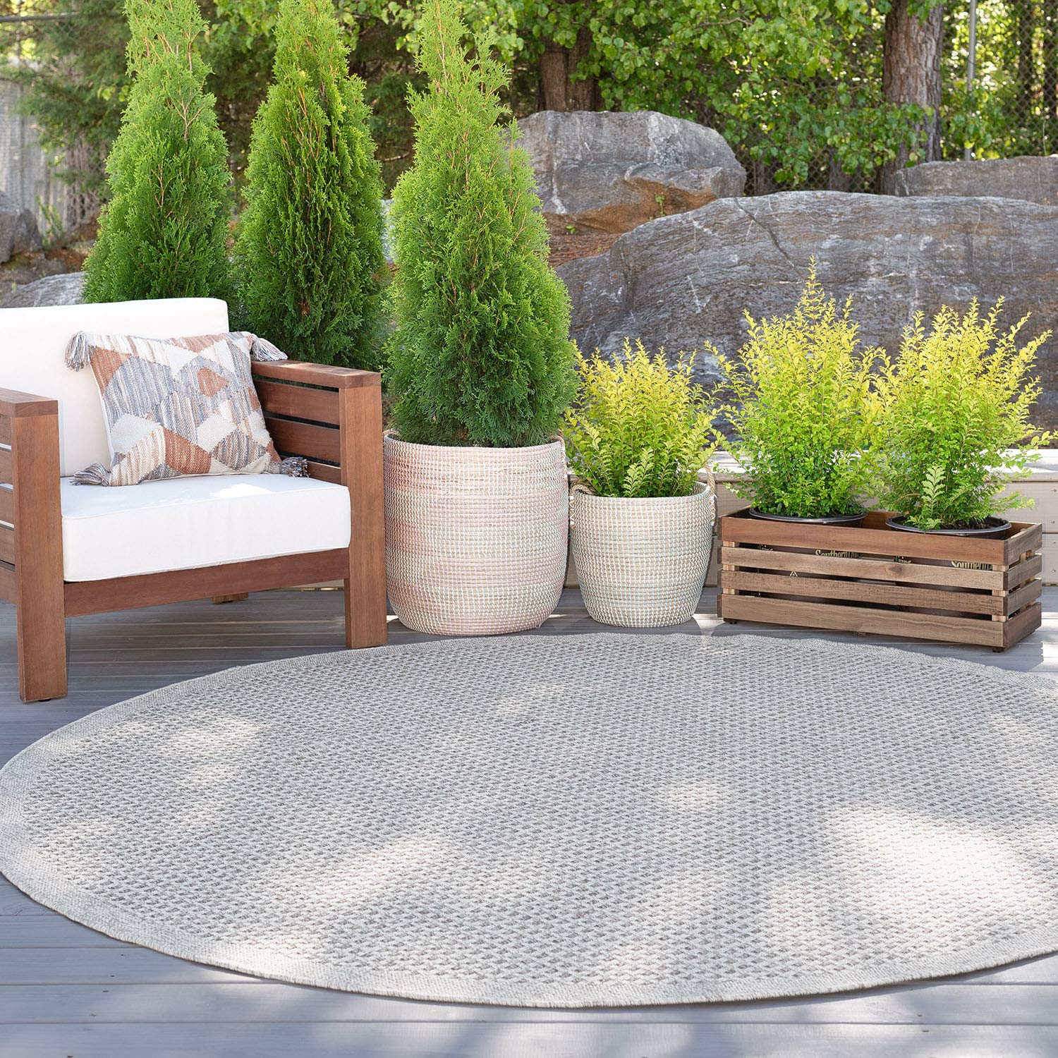 Dickens Taupe 6-Foot Round Outdoor Area Rug - Modern Basketweave Design for Living Room, Bedroom, or Dining Room | Perfect for Patio, Deck, and Indoor Decor