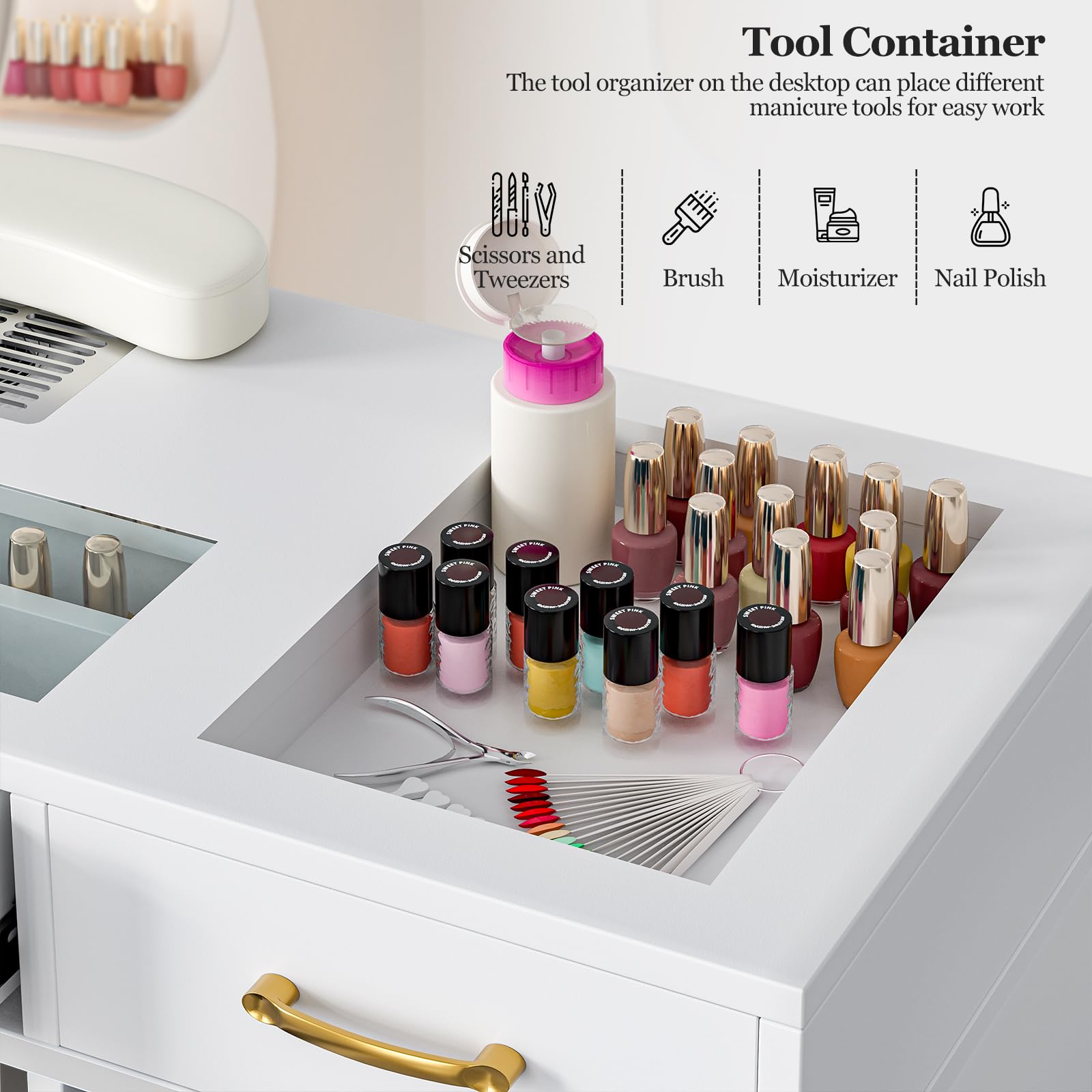Professional Manicure Table Nail Station for Nail Technicians - Acetone Resistant Glass Top with Built-in Dust Collector - 7 Drawers & 3-Tier Shelves Beauty Workstation - Ergonomic Wrist Cushion & Golden Handles (White) - Perfect for Salon, Spa & Home Nail Art Studio