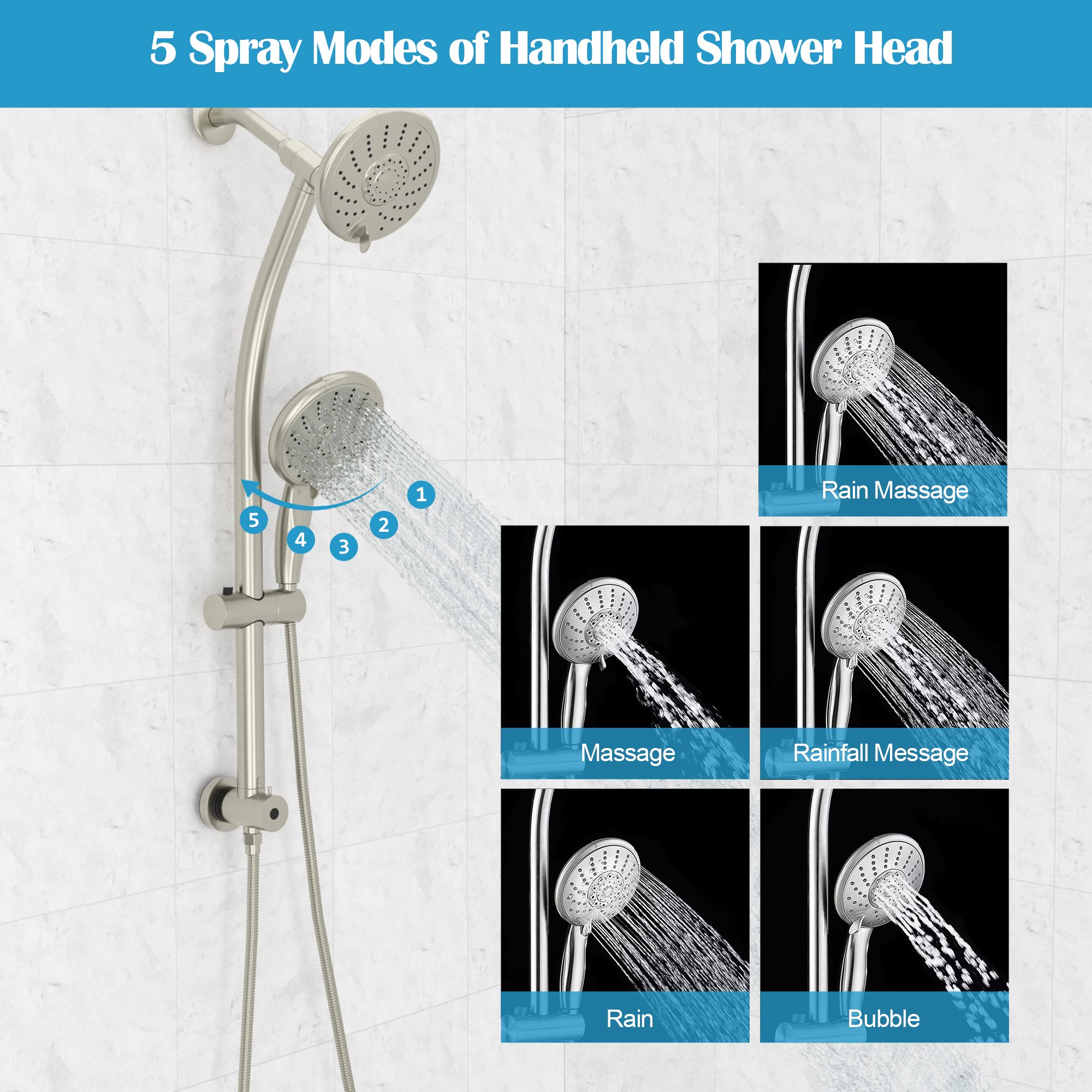 Lordear ABS Wall Mounted Brushed Nickel Round 5-Setting Rain Shower Head - Luxury Bathroom Upgrade for Spa-Like Experience
