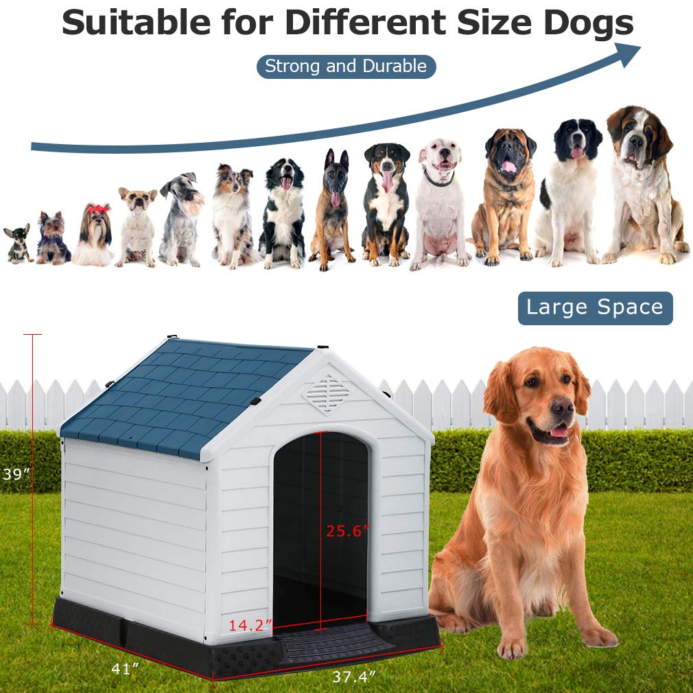 **BestPet Large Plastic Dog House - All-Weather, Durable & Ventilated for Small, Medium, Big Dogs - Elevated Floor & Base Support for Winter - Indoor/Outdoor Use (41
