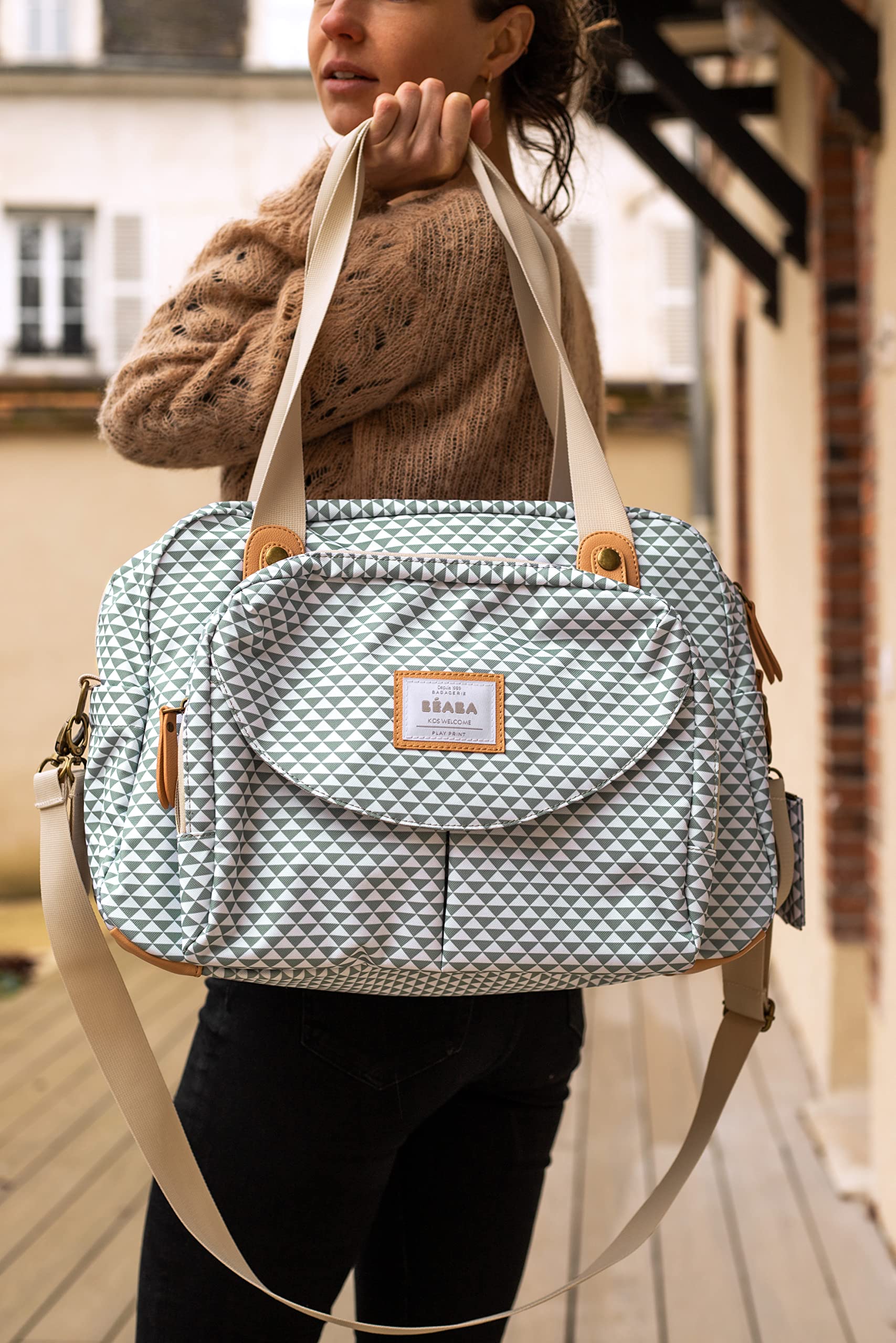BEABA Geneva II Baby Changing Bag - Large Capacity Diaper Bag with Multiple Storage Pockets, Removable Front Pocket & Stroller Attachment | Includes Changing Mat & Insulated Lunch Pocket | Perfect for Travel, Daycare & On-the-Go Parents (Sage Green)