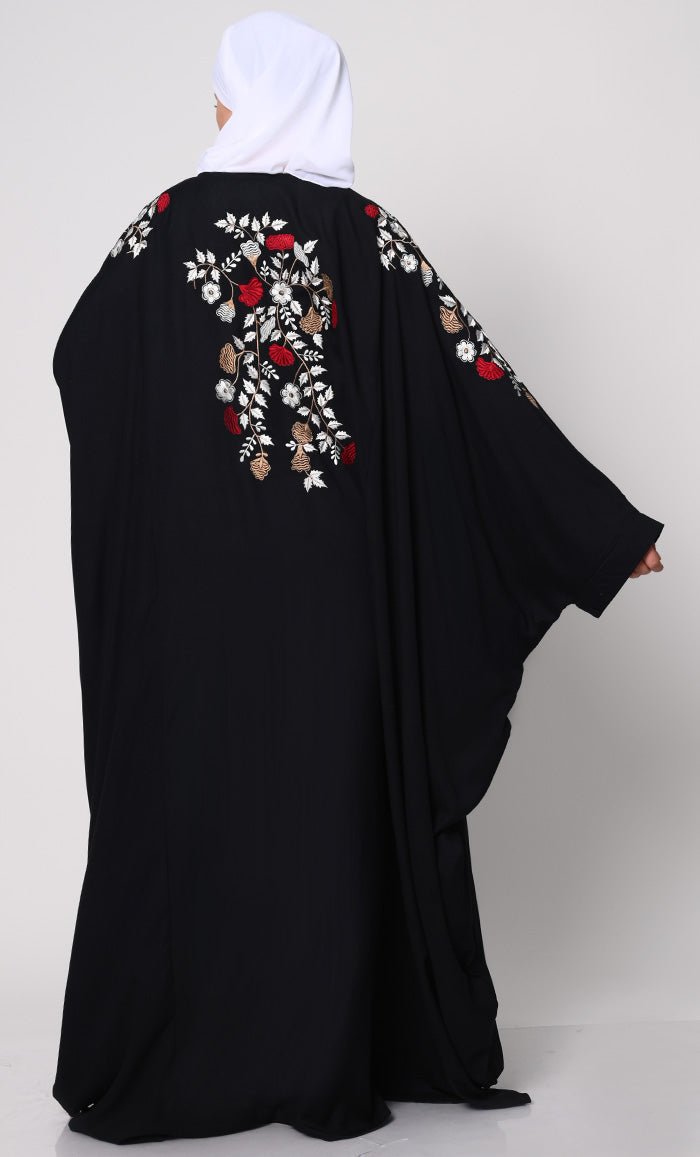 Elegant Black Floral Embroidered Kaftan Dress with Pockets - Perfect for Beach Cover-Up, Resort Wear & Boho Chic Outfits