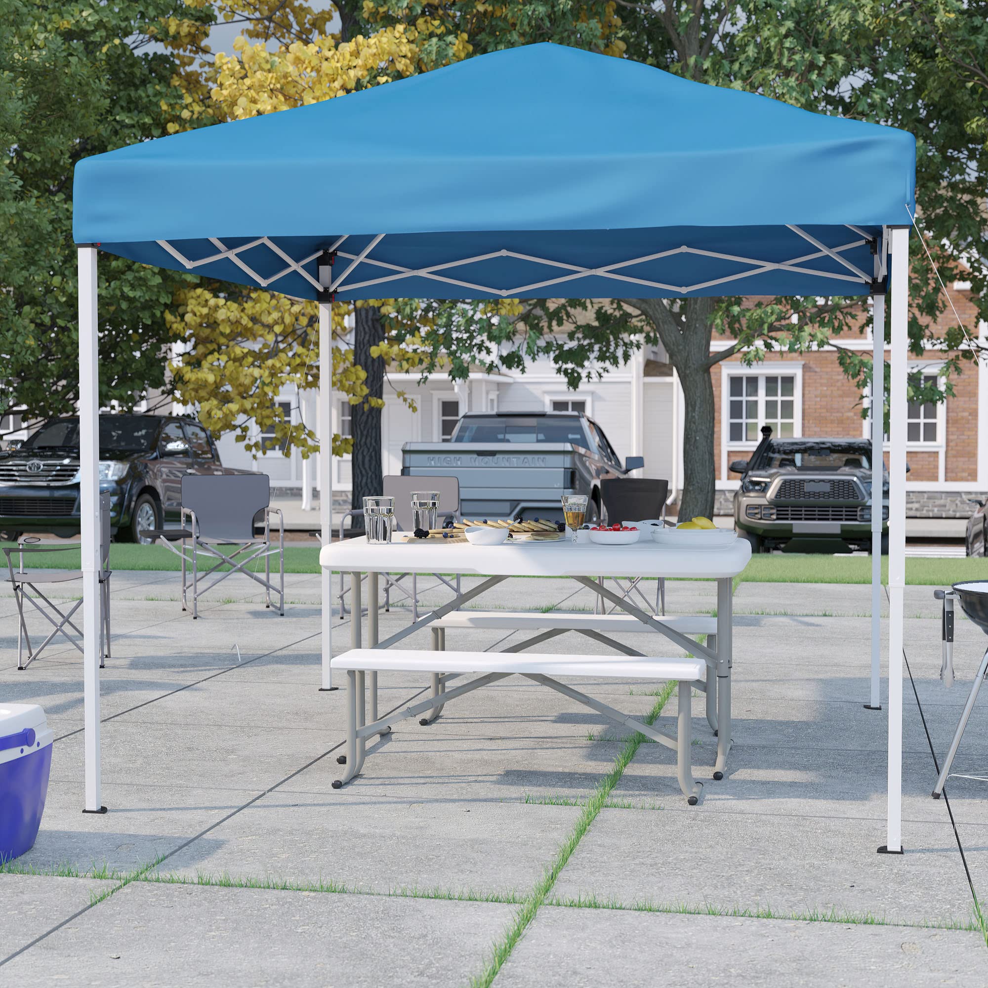 Flash Furniture Kramer 8'x8' Blue Pop Up Canopy Tent with Carry Bag & Folding Bench Set - Portable Outdoor Shelter for Tailgating, Camping, Beach Parties, Picnics, and Outdoor Events