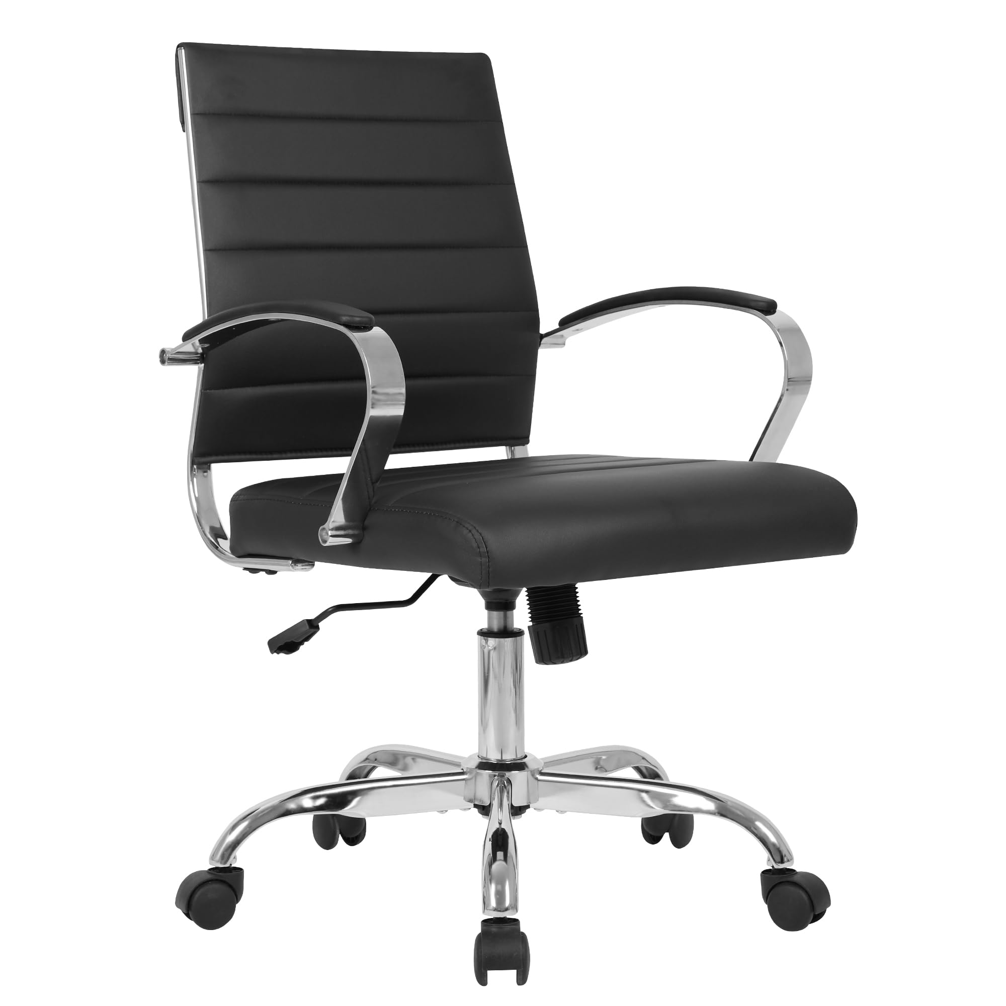 LANDSUN Mid Back Office Chair - PU Leather Executive Desk Chair with Wheels, Armrests & Adjustable Height - Ergonomic Swivel Computer Chair for Home Office, Conference & Task - Soft Padded Ribbed Design (Black) - Perfect for Long Work Hours & Professional Workspaces