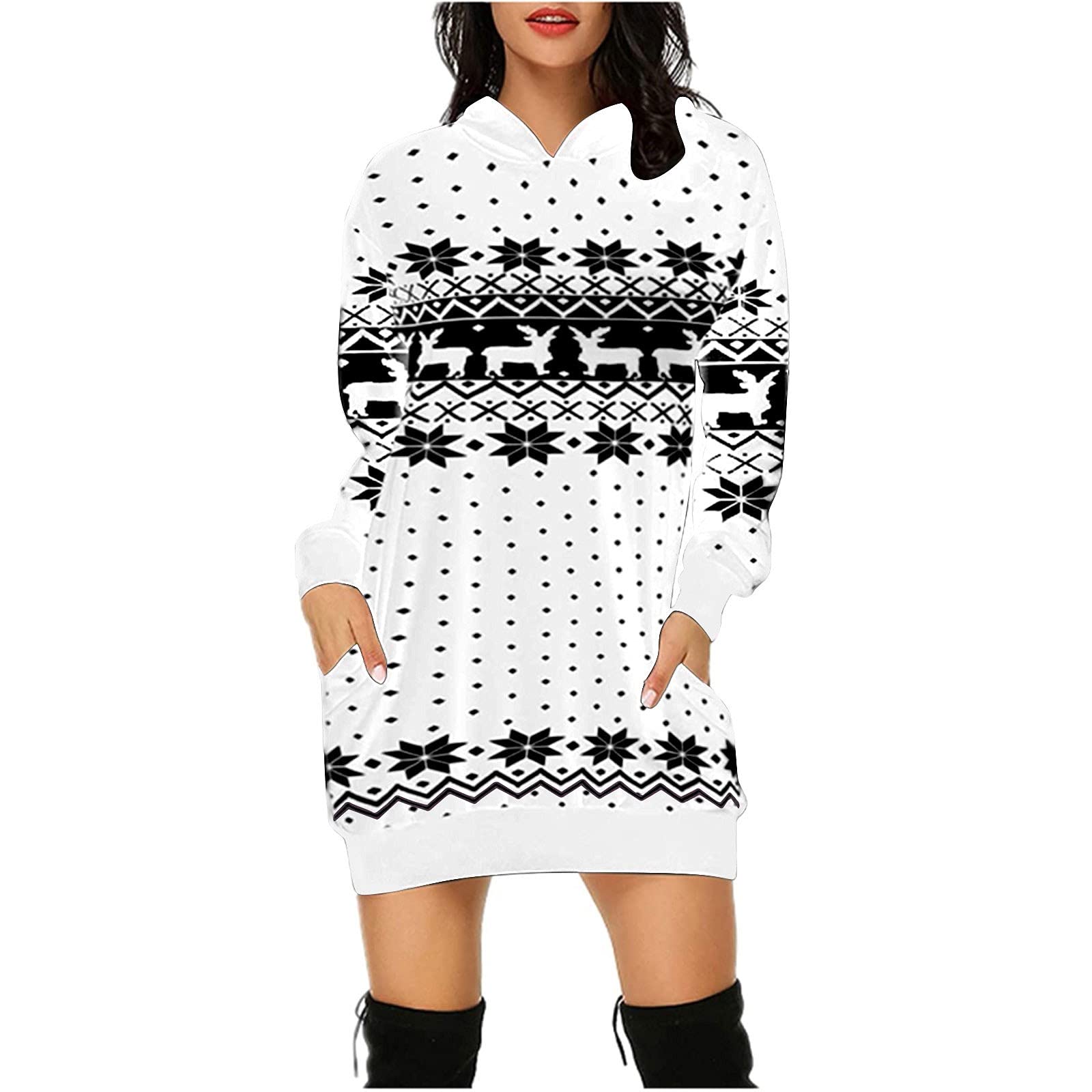 Women's Long Sleeve Christmas Sweater Dress - Cozy Pullover Hooded Tunic for Holiday Parties, Family Gatherings & Winter Outfits (Plus Size Available)