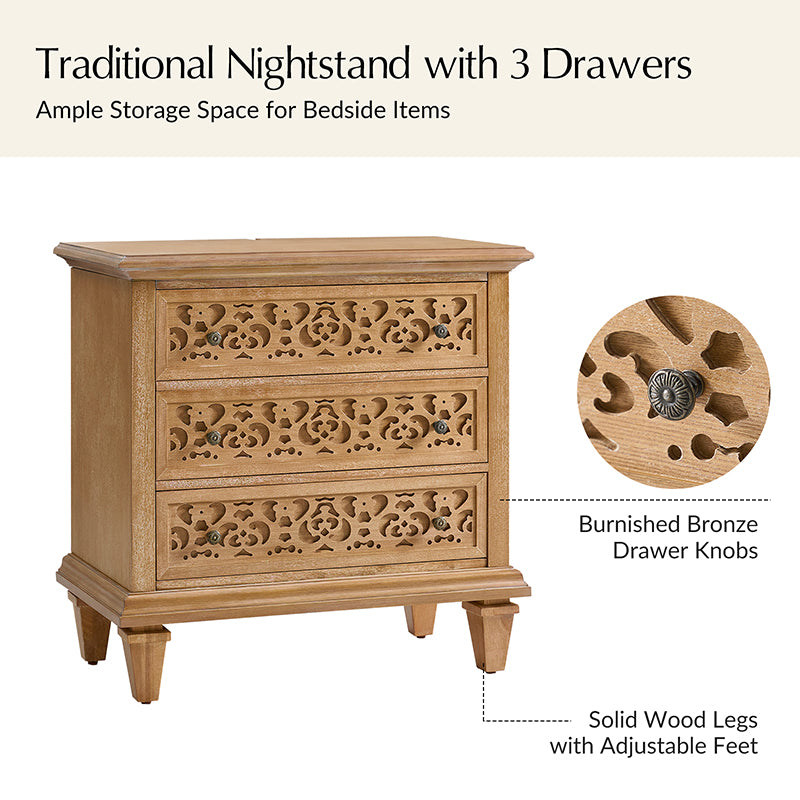 3-Drawer Nightstand with Built-In USB Outlets & Power Strip - Modern Bedside Table for Charging Devices - Perfect for Bedrooms, Guest Rooms & Small Spaces