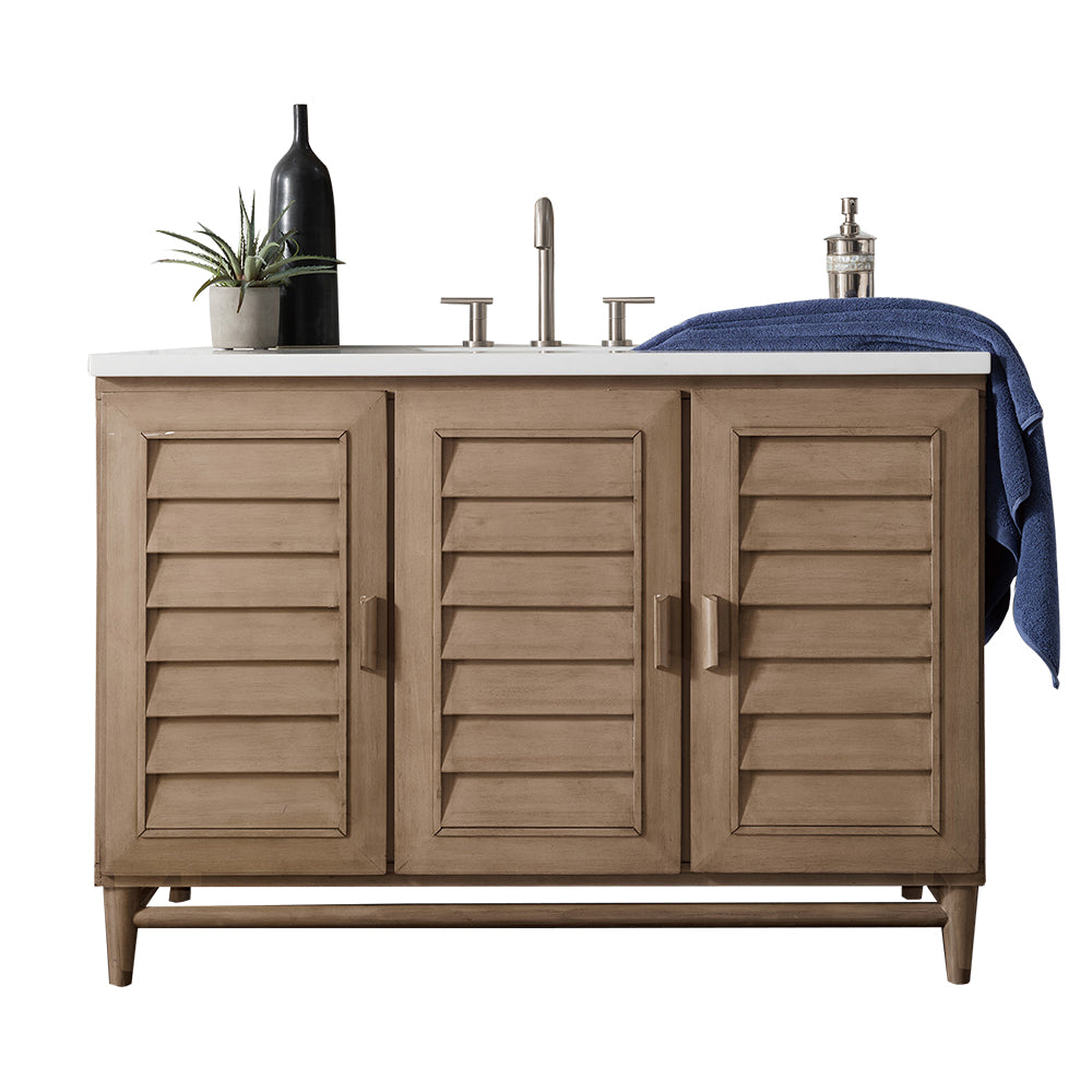 Portland 48 Inch Single Bathroom Vanity in Whitewashed Walnut with 3CM Eternal Jasmine Pearl Quartz Countertop - Perfect for Modern Farmhouse, Coastal, or Transitional Bathroom Designs